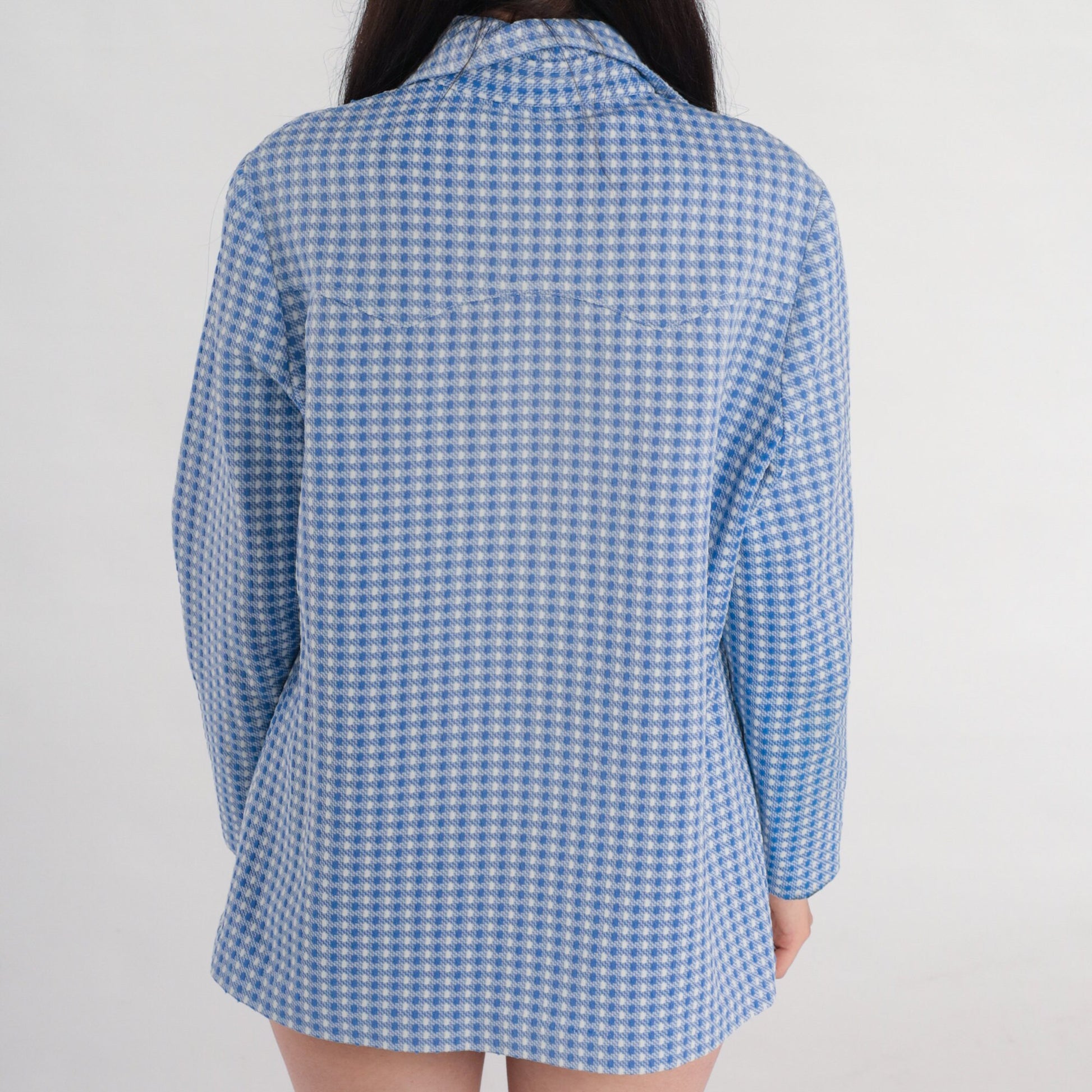 70s Western Shirt Blue Checkered Button-Up Blouse Long Sleeve Medium Large
