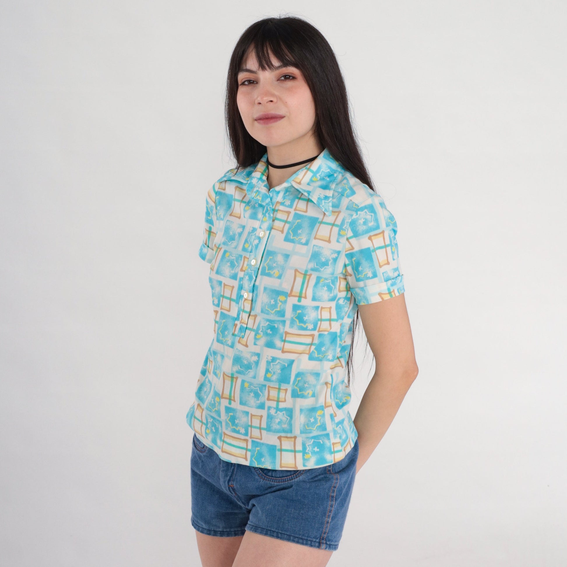 70s Checkered Abstract Print Shirt Pointed Collar White Blue Polo Small