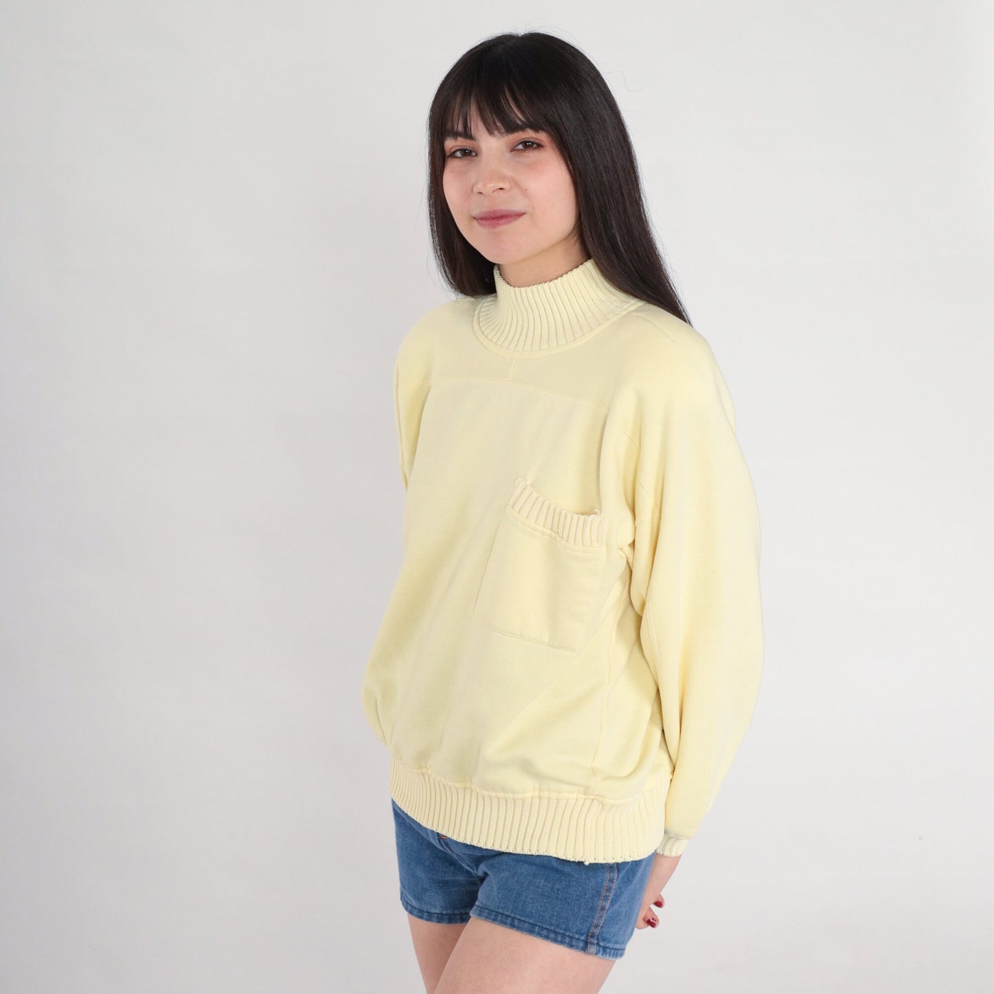 80s Pale Yellow Mockneck Sweatshirt Knit Trim Chest Pocket Medium
