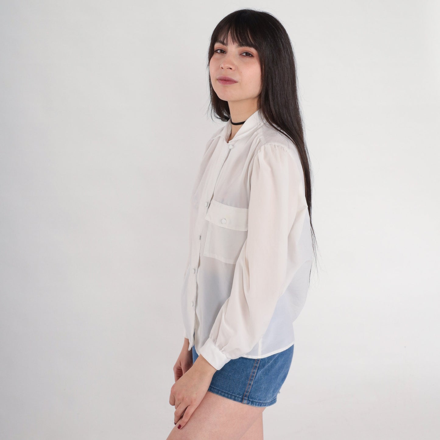 80s White Pleated Blouse Puff Sleeve Collared Button-Up Medium M