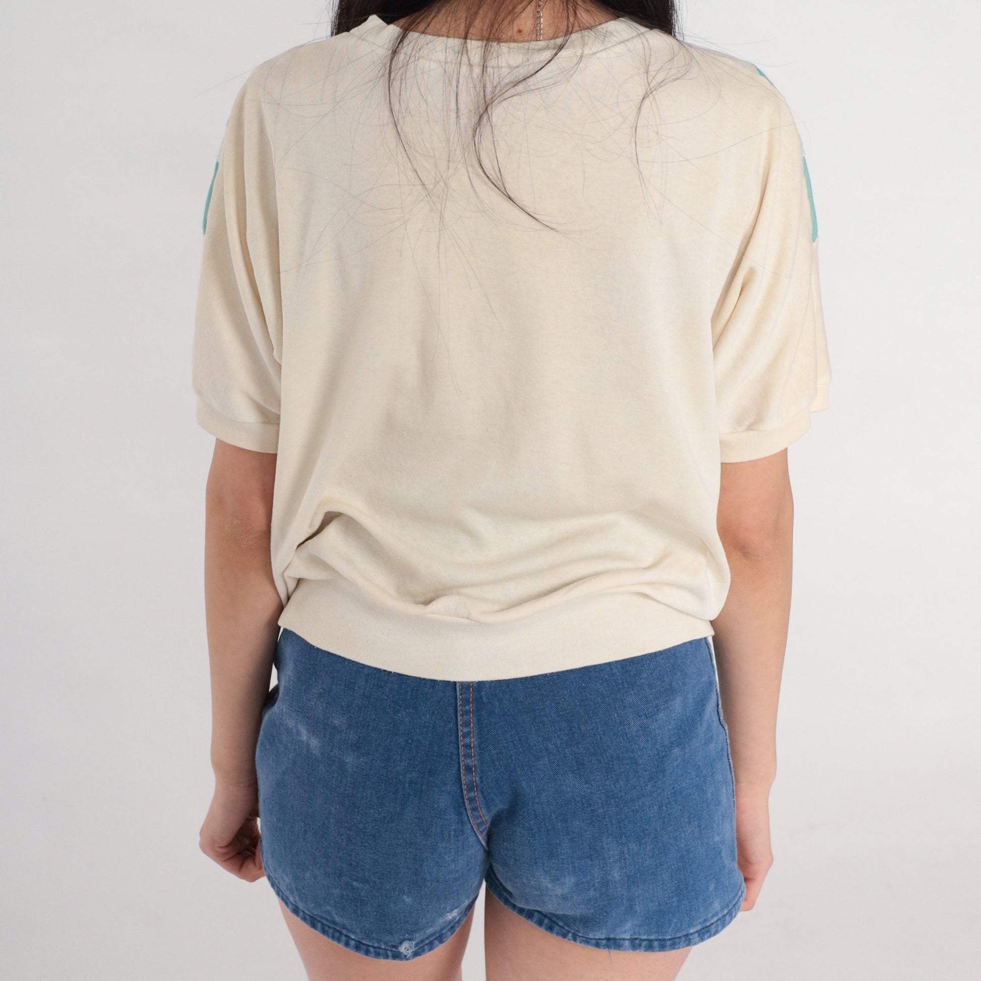 80s Chevron Striped Ribbed T-Shirt Cream Lace Trim Short Sleeve Medium M