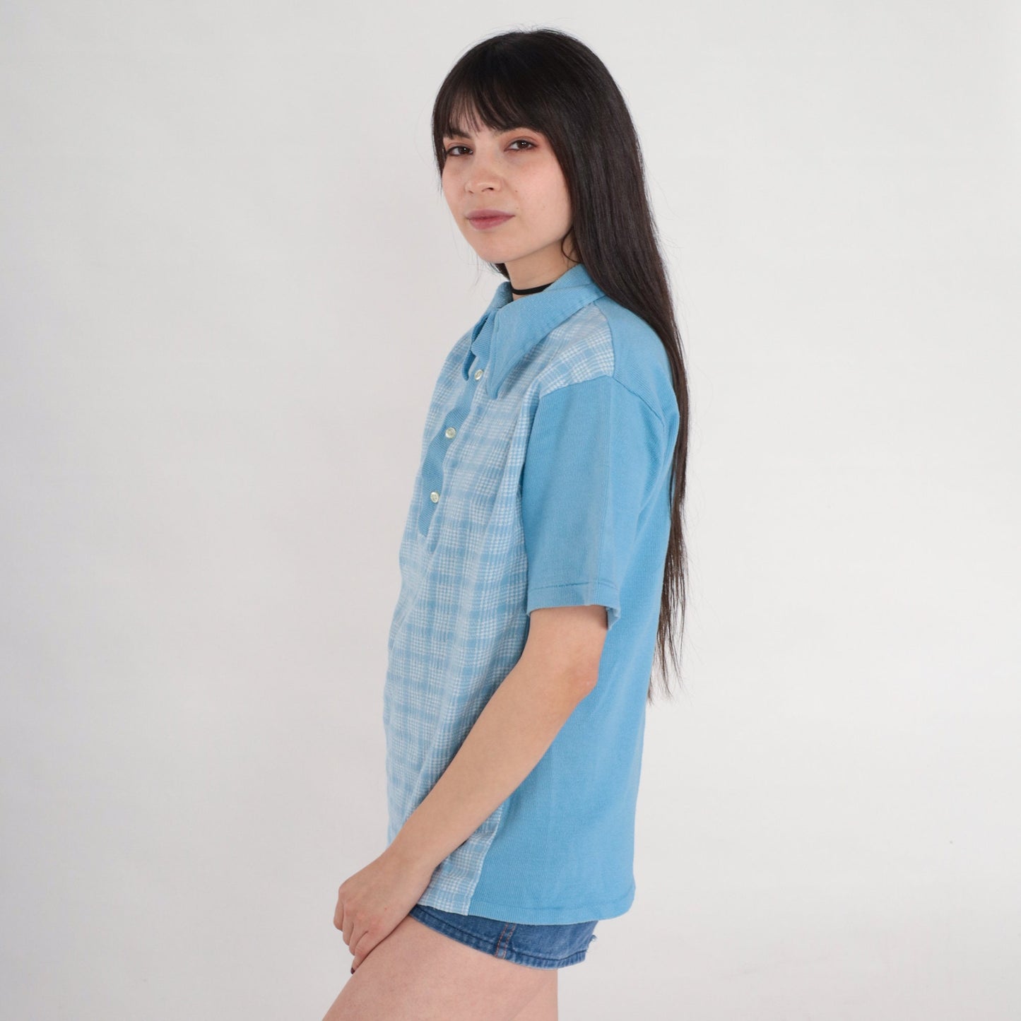 70s Blue Checkered Polo Shirt Collared Short Sleeve Button Up Medium