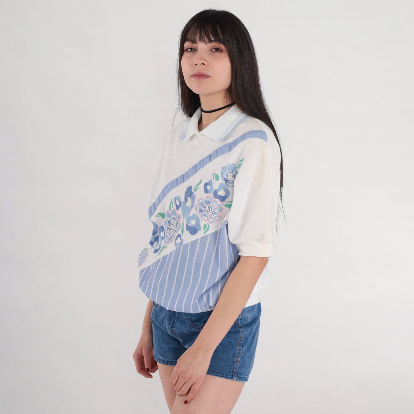 80s Floral Polo Shirt White Blue Striped Ribbed Collar Short Sleeve Medium