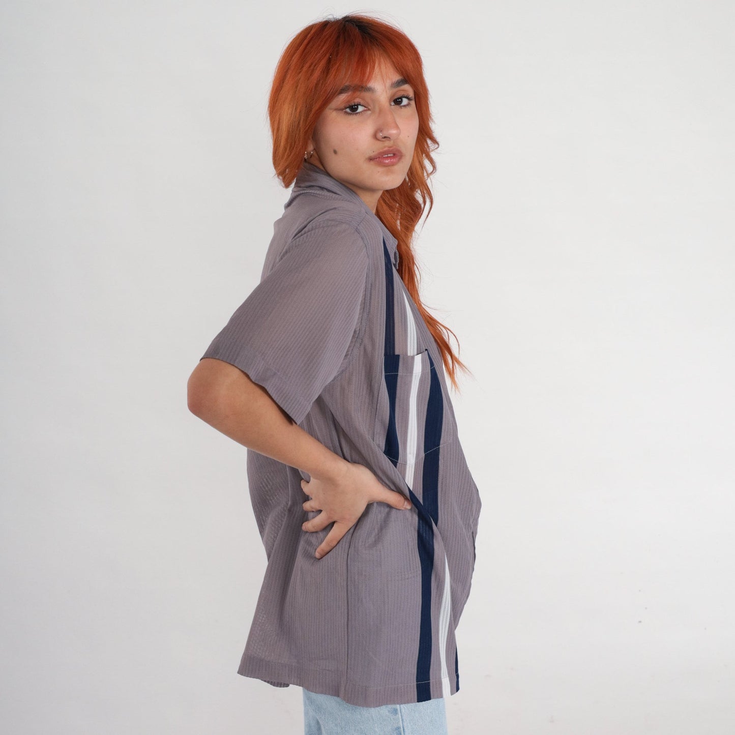 90s Grey Striped Zip-Up Shirt Short Sleeve Semi-Sheer Blouse Medium