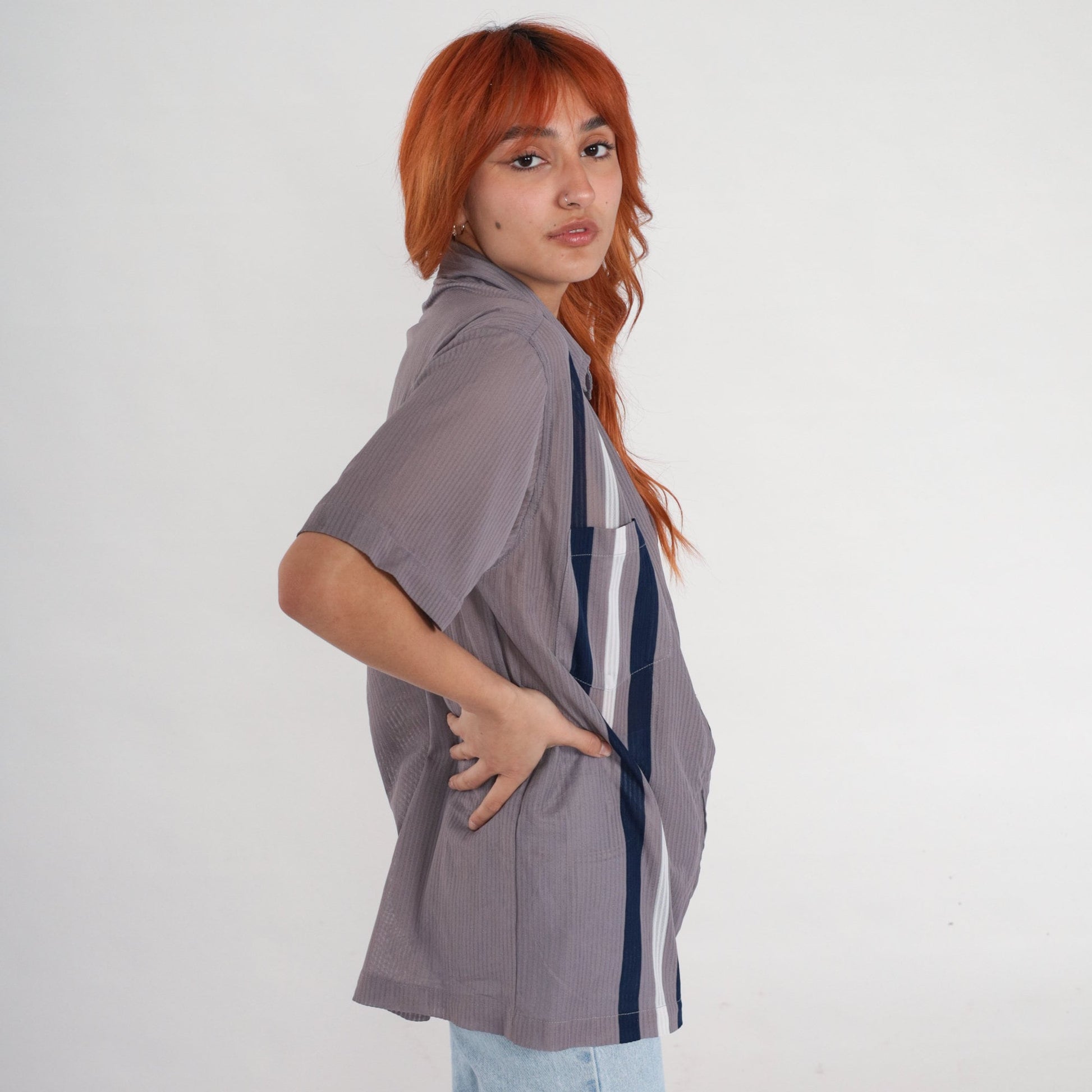90s Grey Striped Zip-Up Shirt Short Sleeve Semi-Sheer Blouse Medium