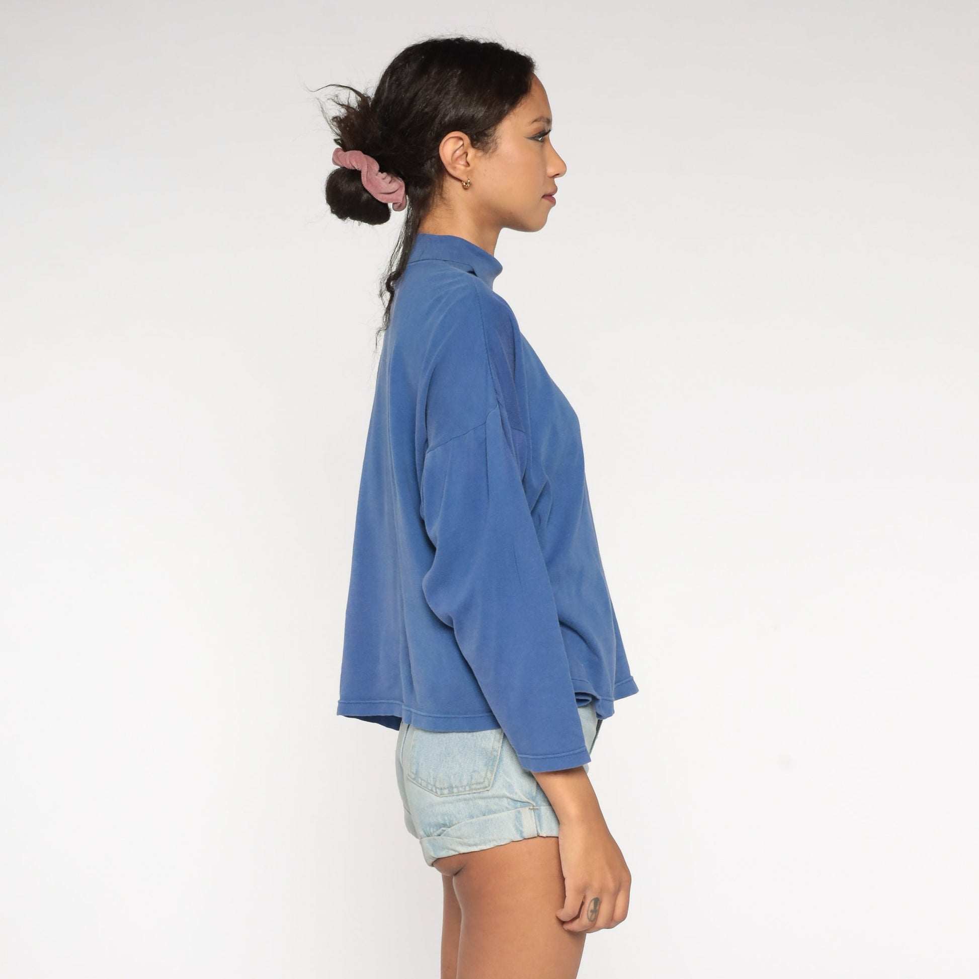 90s Blue Turtleneck Long Sleeve Shirt Seashell Embroidered Extra Large