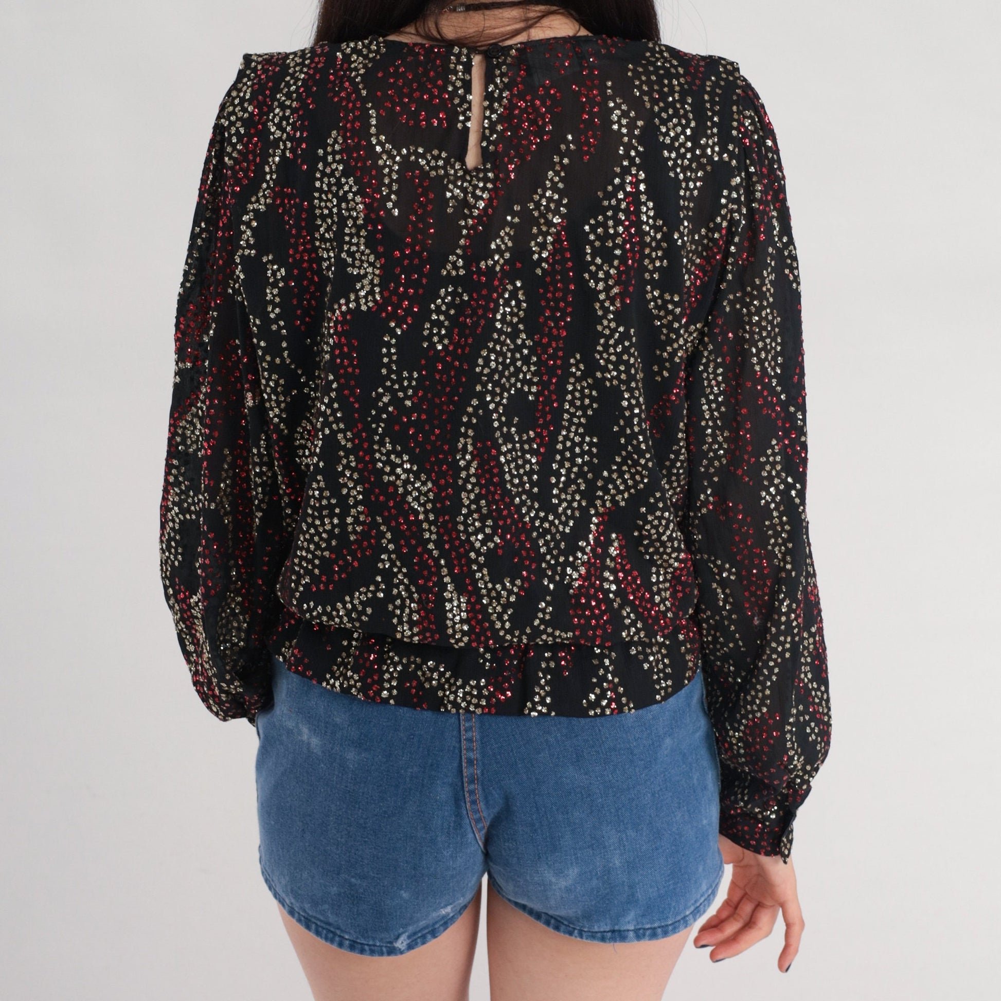 80s Metallic Blouse Black Silver Red Abstract Puff Sleeve Small