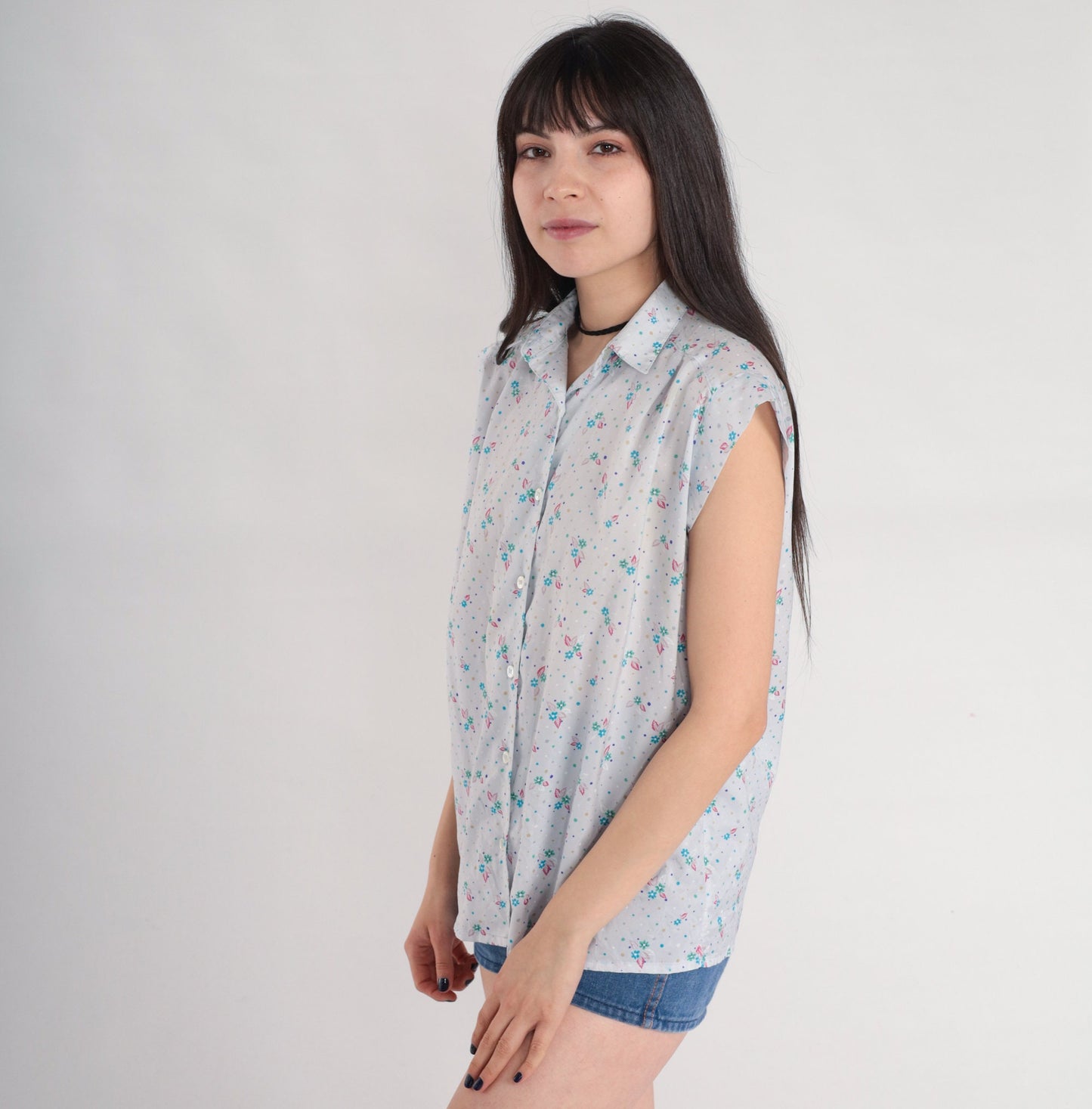 80s Floral Polka Dot Button-Up Blouse Blue Cap Sleeve Shirt Large L
