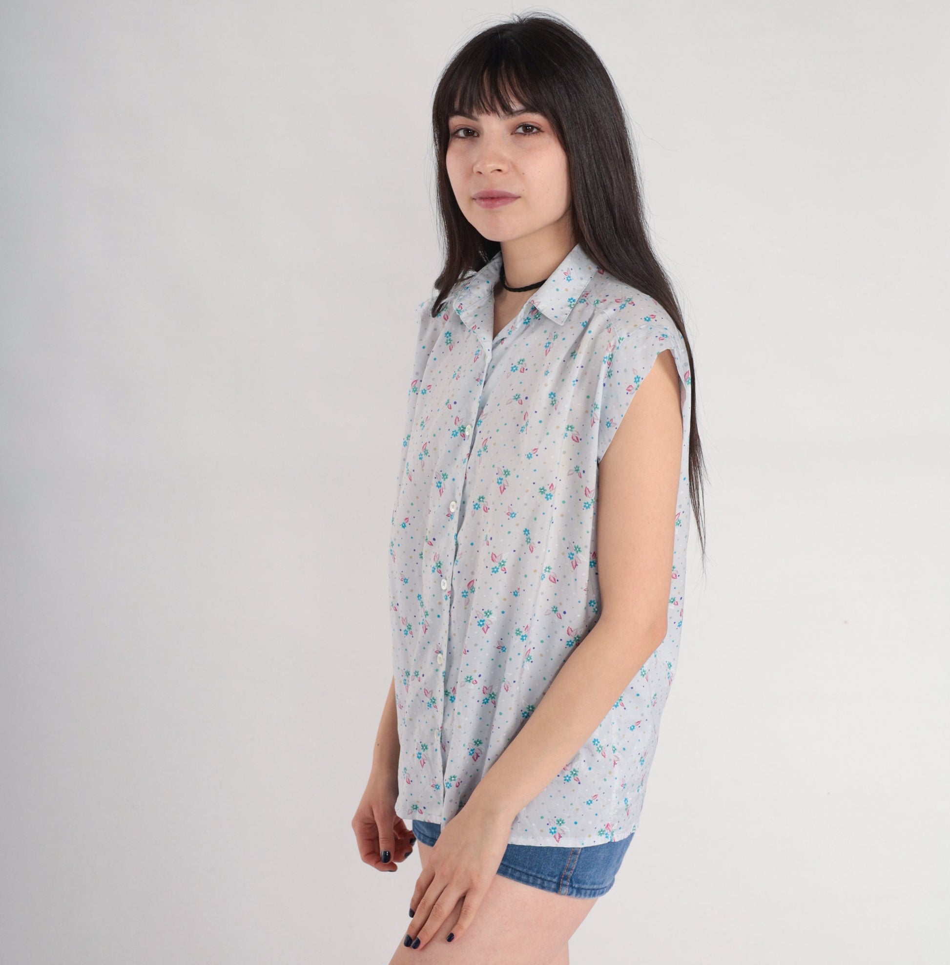 80s Floral Polka Dot Button-Up Blouse Blue Cap Sleeve Shirt Large L