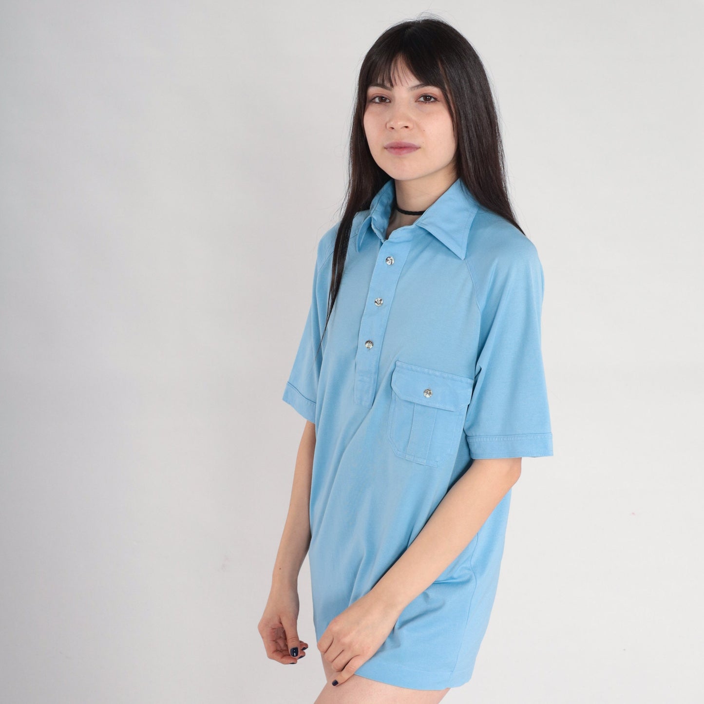 70s Blue Polo Shirt Half Button Raglan Sleeve Collared Top Medium