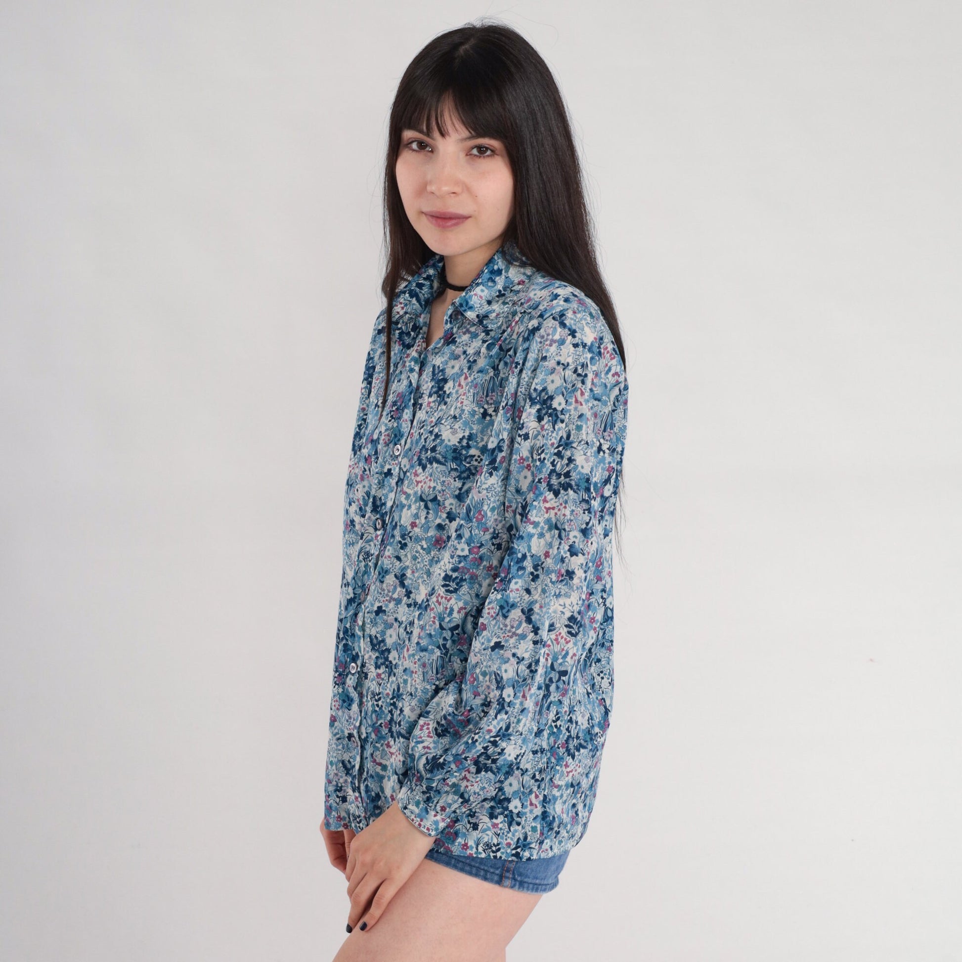 70s Blue Floral Button-Up Blouse Long Sleeve Collared Shirt Medium M