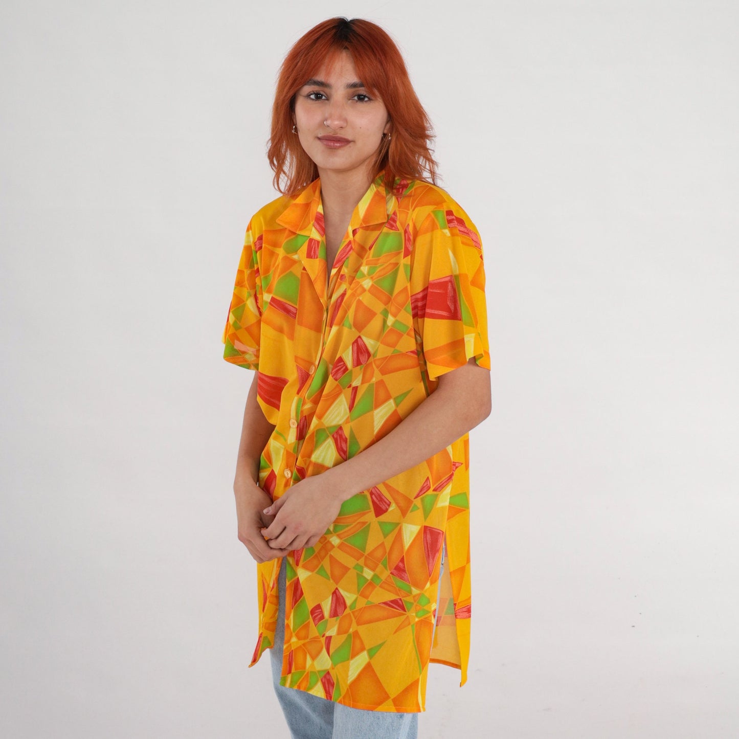 90s Yellow Geometric Mosaic Button Up Shirt Short Sleeve Blouse Extra Large