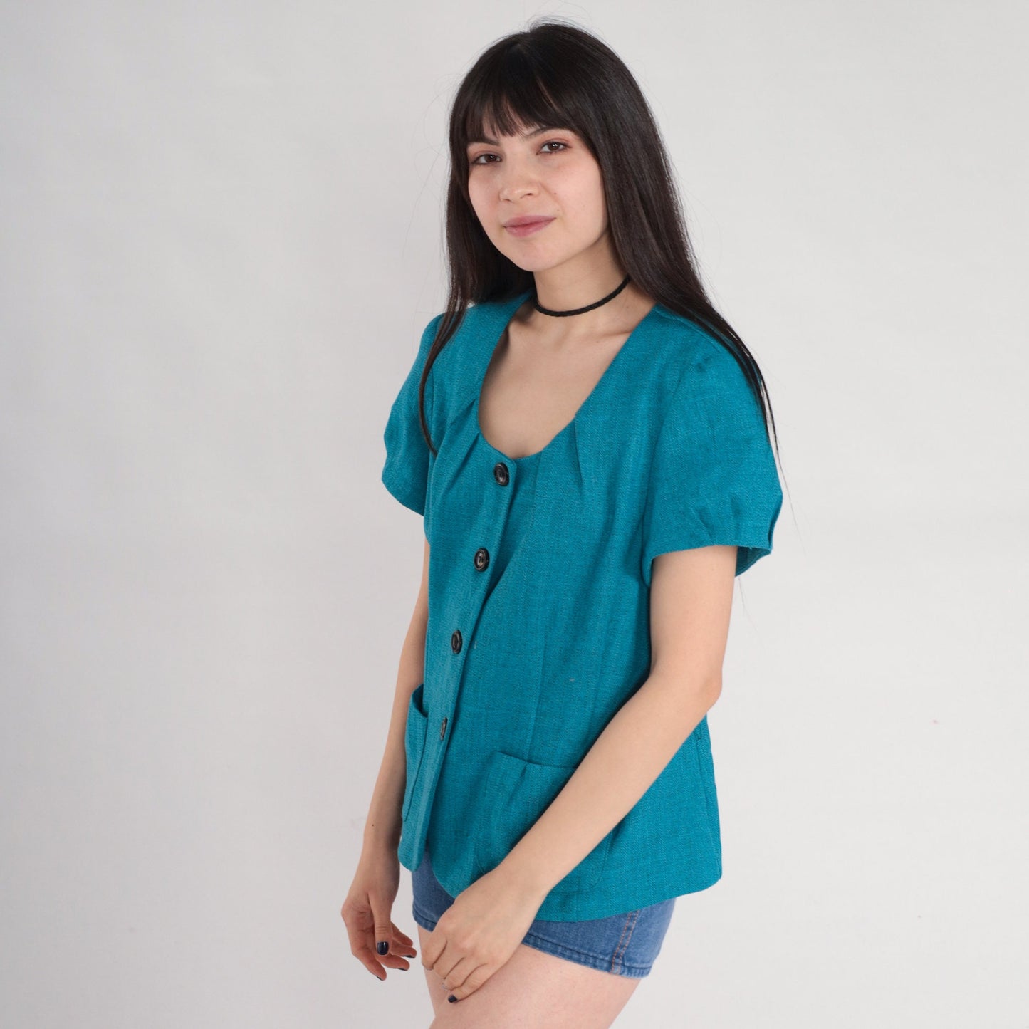 90s Blue Puff Sleeve Button-Up Blouse Secretary Top Medium