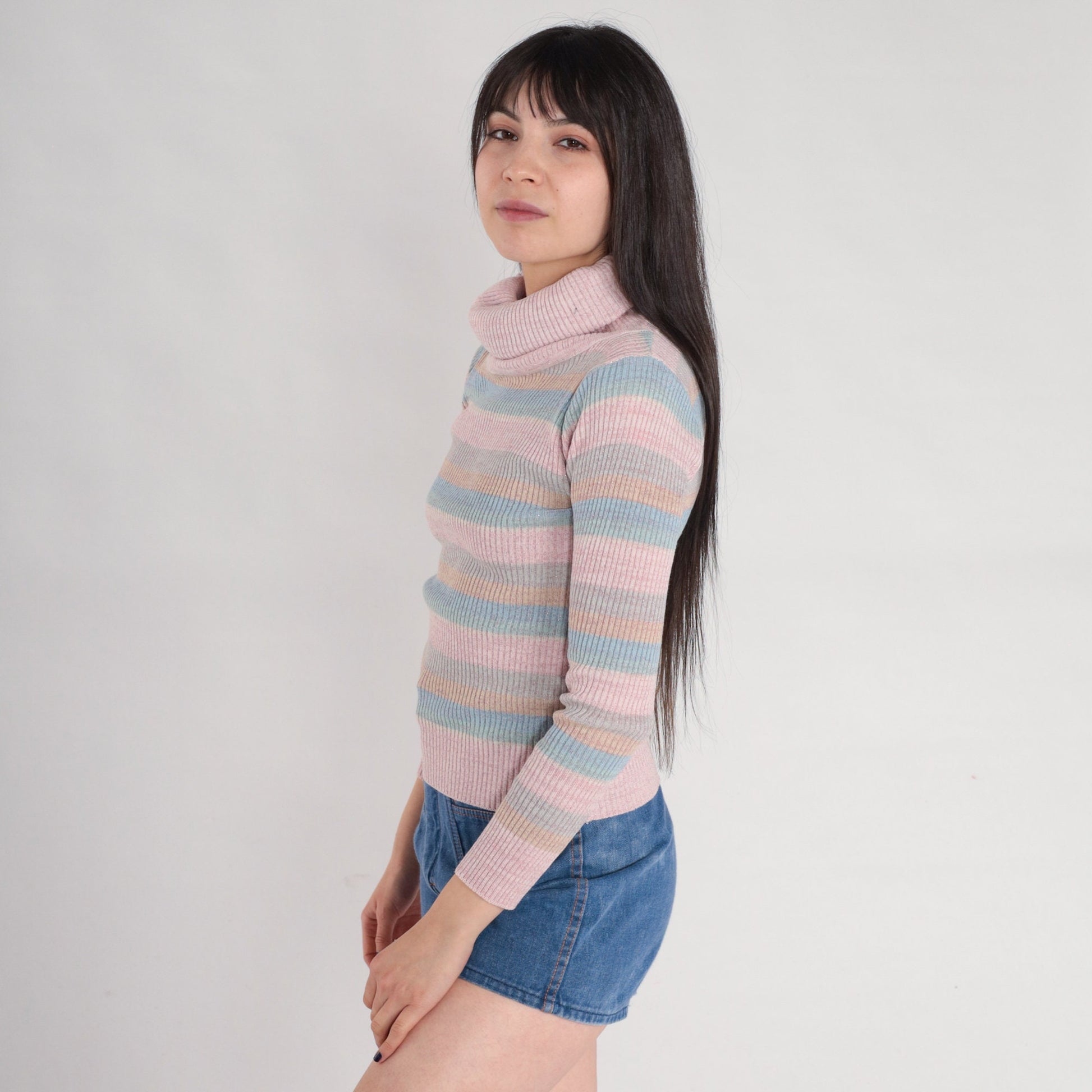80s Sparkly Striped Ribbed Knit Turtleneck Sweater Pastel Pink Blue Orange Small