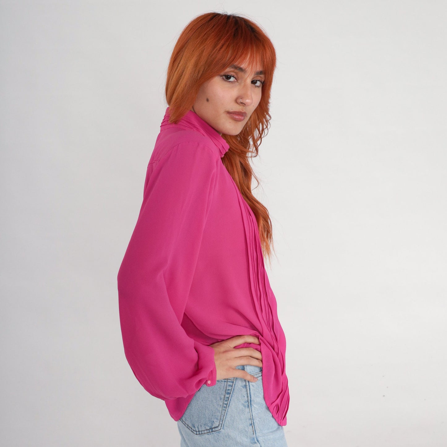 80s Fuchsia Chiffon Blouse Long Sleeve Pleated Button Up Medium Large