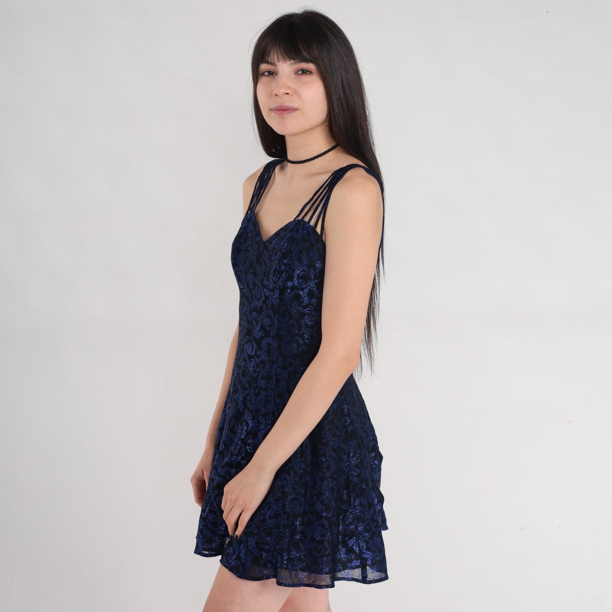 80s Black Metallic Blue Swirl Mini Dress Sweetheart Neckline XS