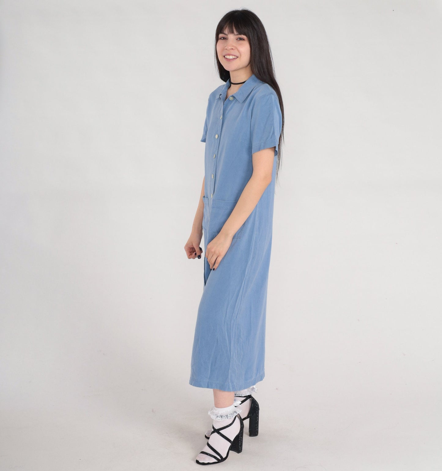 Y2K Talbots Blue Tencel Midi Shirt Dress Button-Up Pockets Medium 8