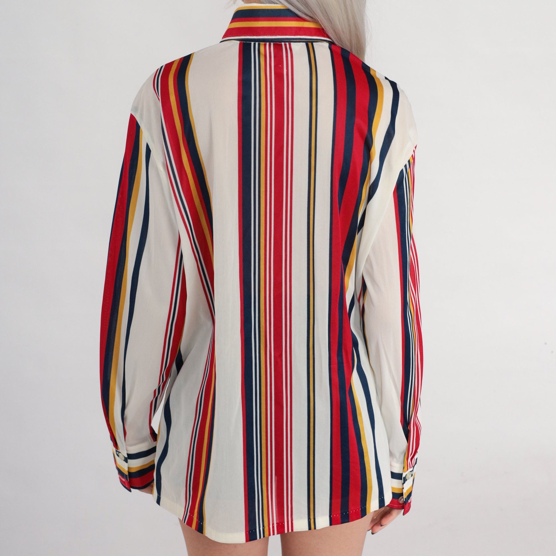 70s Striped Dagger Collar Button-Up Shirt White Red Yellow Blue Medium