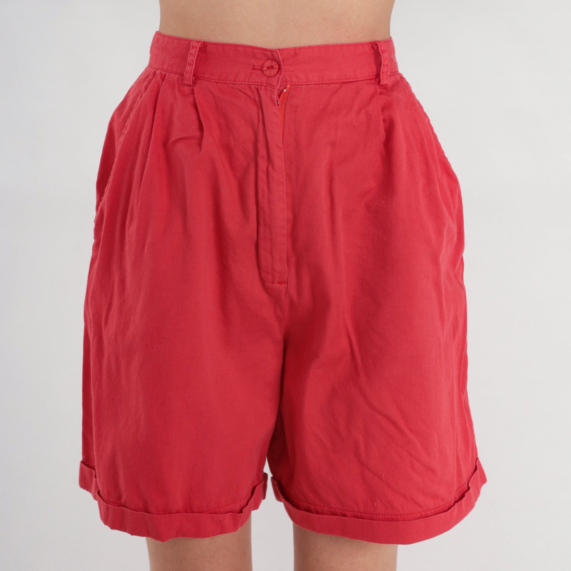80s Red Pleated High-Waist Shorts Cotton Cuffed Extra Small XS