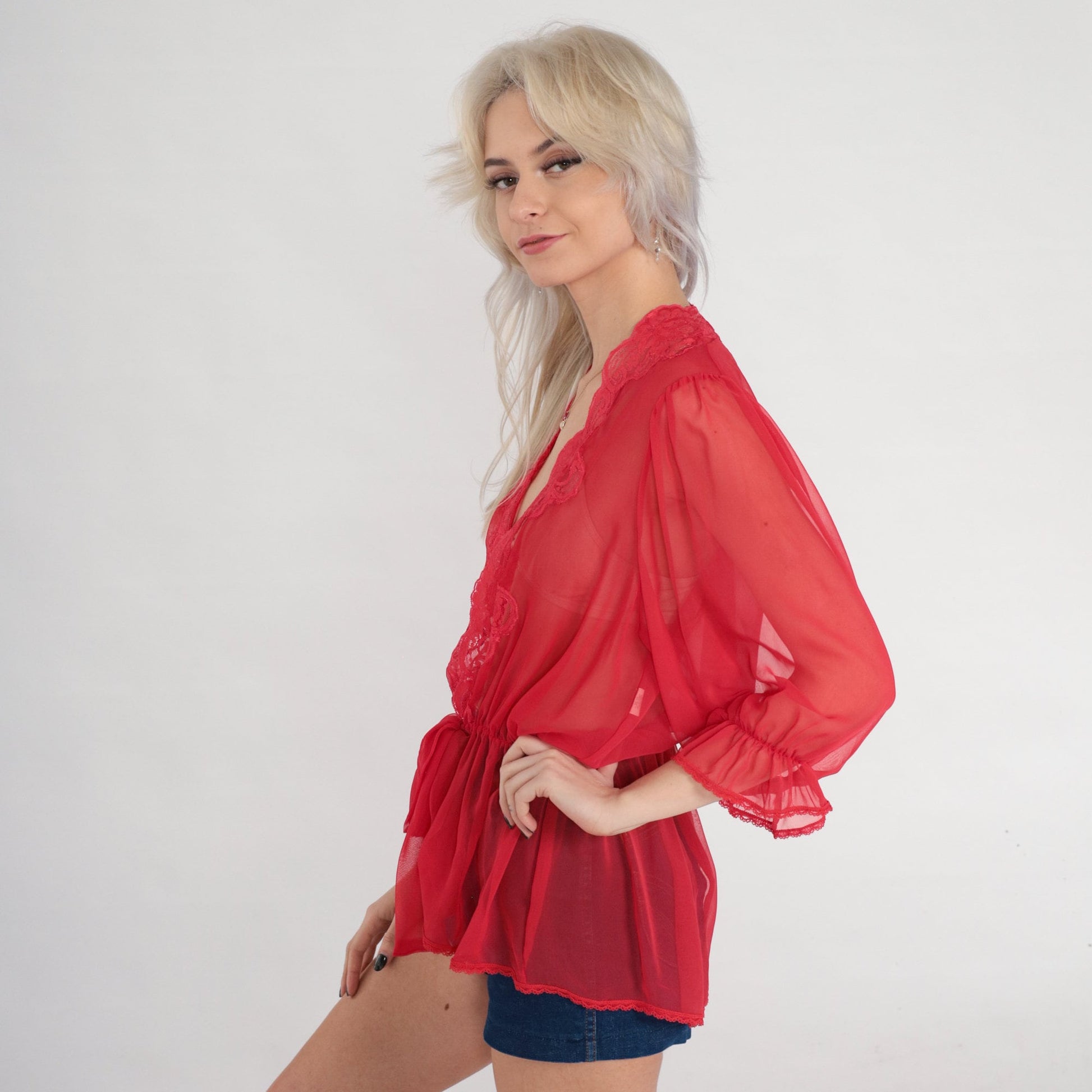 70s Red Sheer Bed Jacket Lace Trim Tie Front 3/4 Sleeve Small
