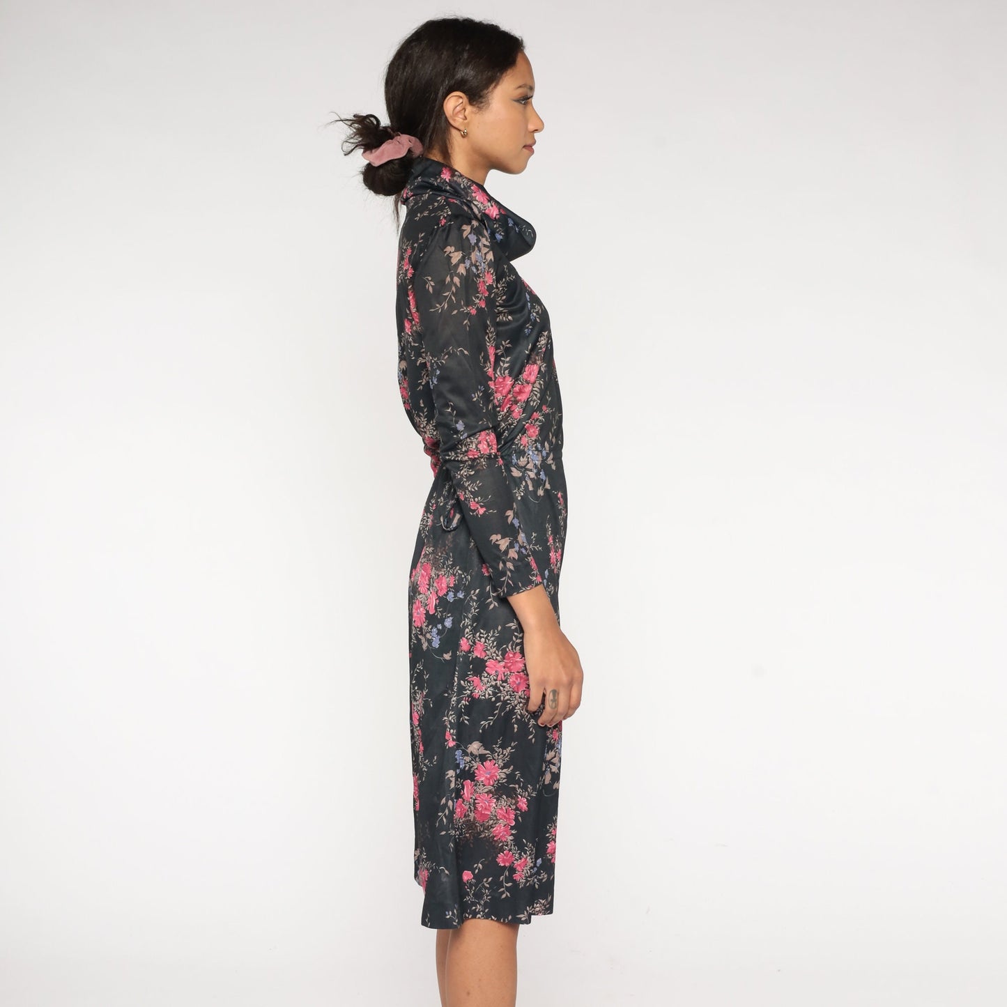 70s Black Floral Midi Dress Cowl Neck High Waist Long Sleeve Small Medium