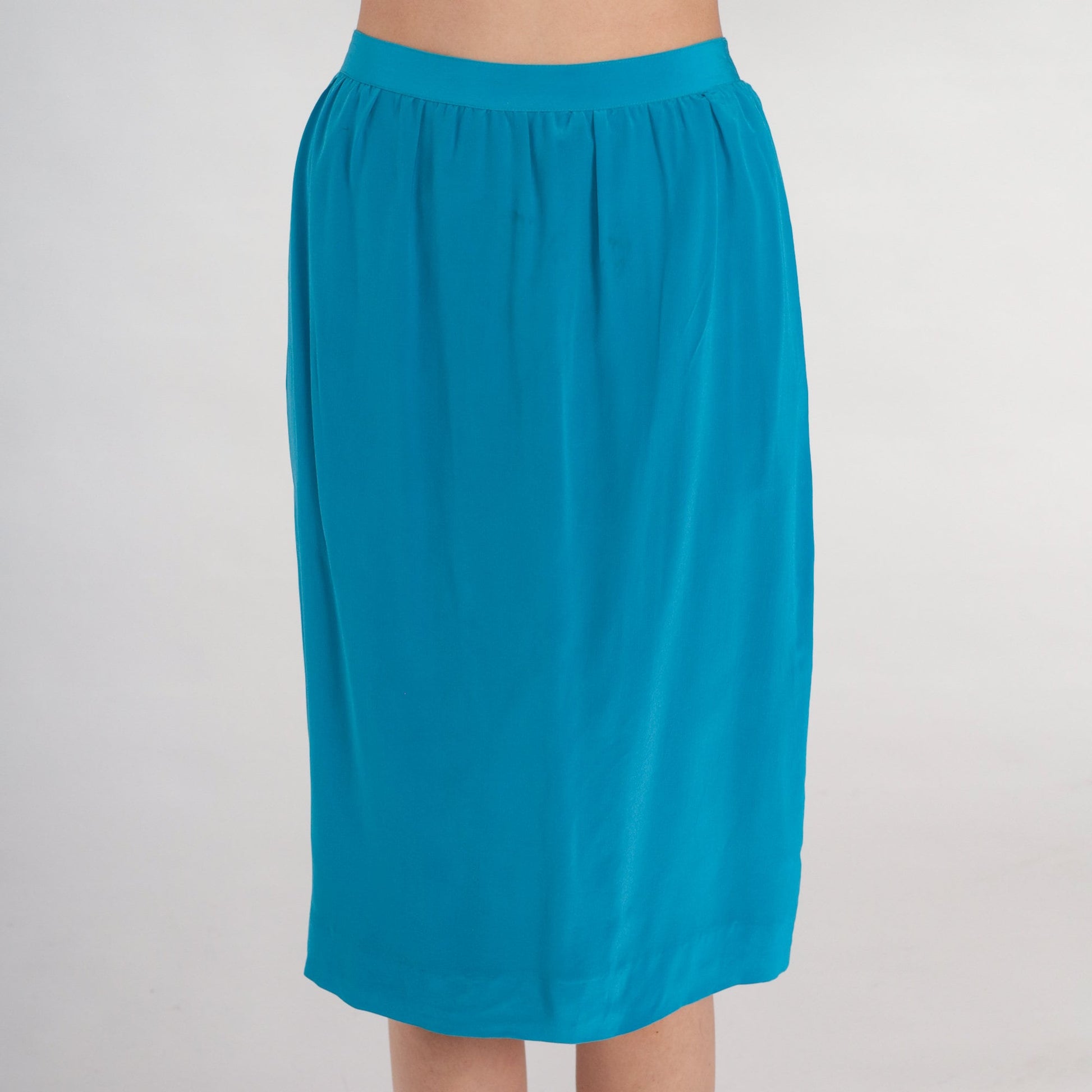 80s Blue Silk Skirt High Waist Straight Knee Length Extra Small