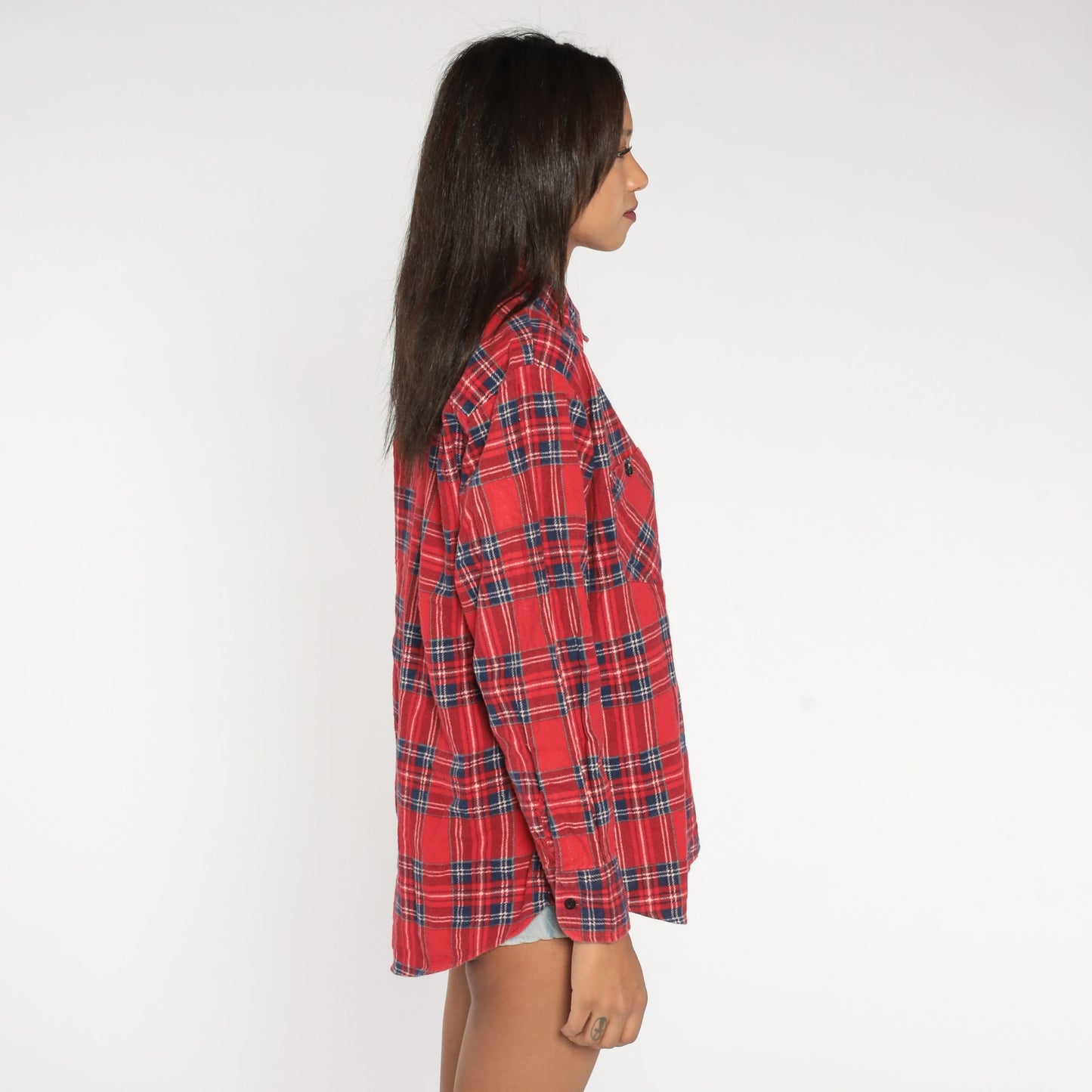 90s Red Navy Plaid Flannel Shirt Cotton Button Up Large