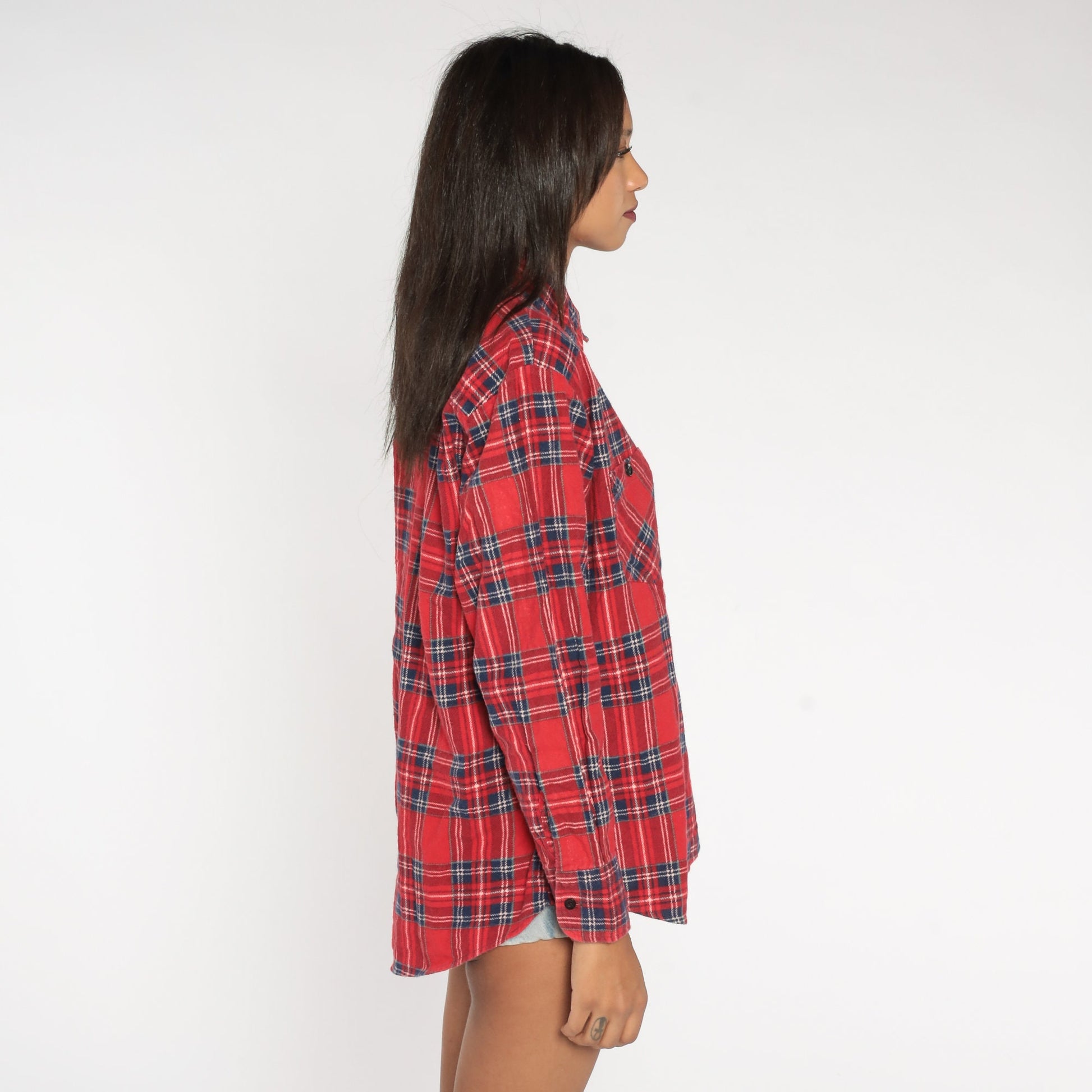 90s Red Navy Plaid Flannel Shirt Cotton Button Up Large