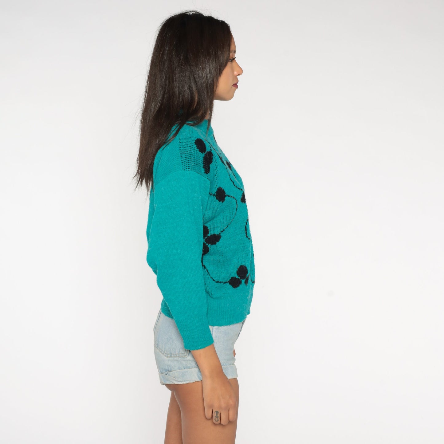 80s Abstract Vine Knit Sweater Teal Green Pullover Jumper Small S