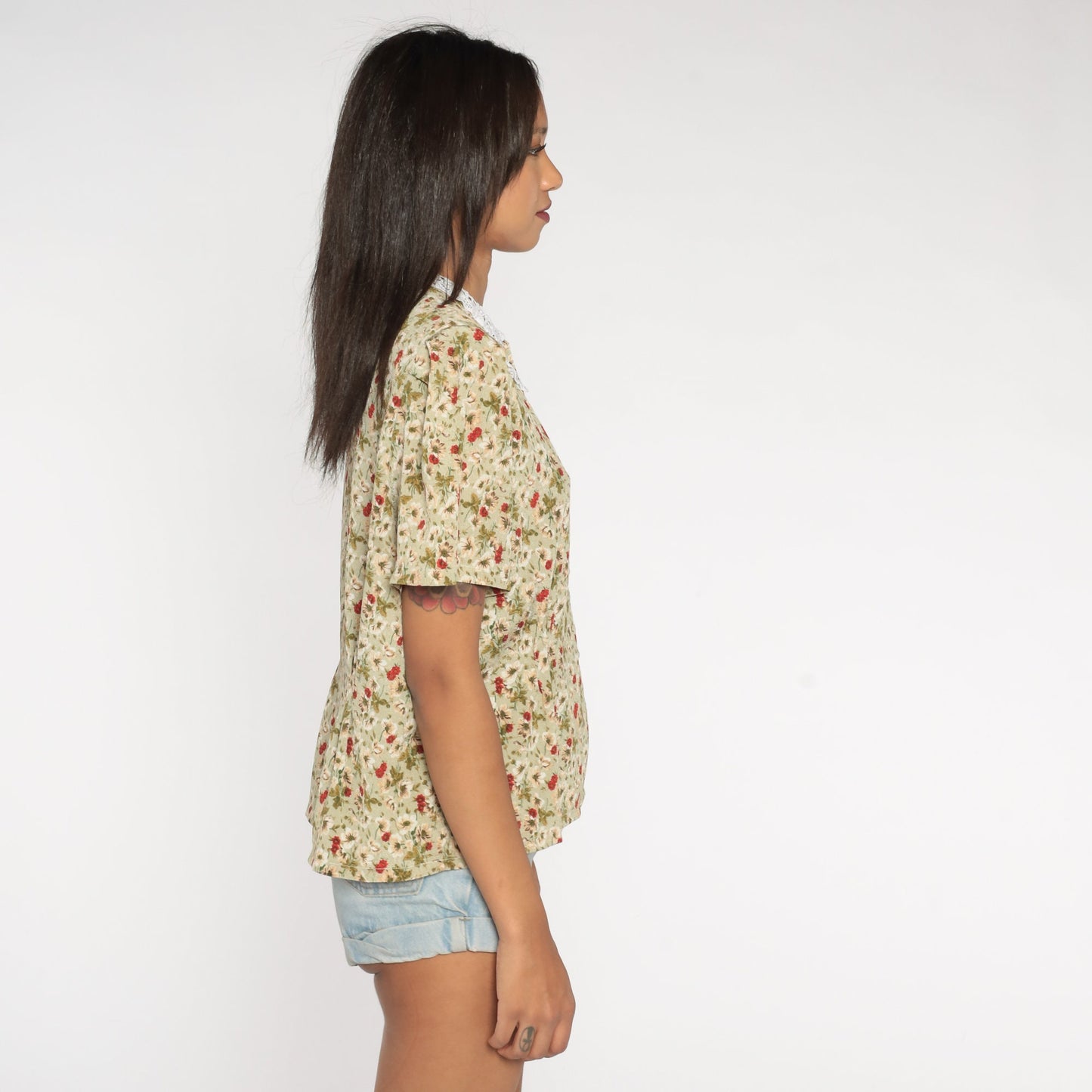 80s Floral Button-Up Blouse Lace Collar Green Red White Large