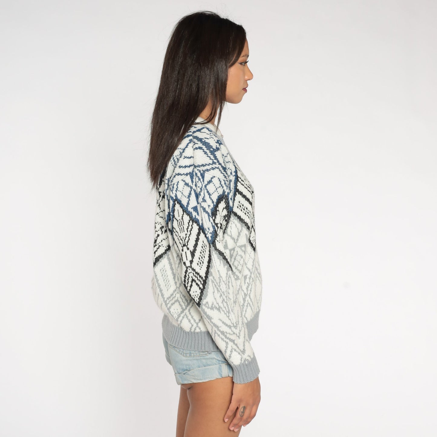 90s Geometric Abstract Jacquard Knit Sweater White Crewneck Small