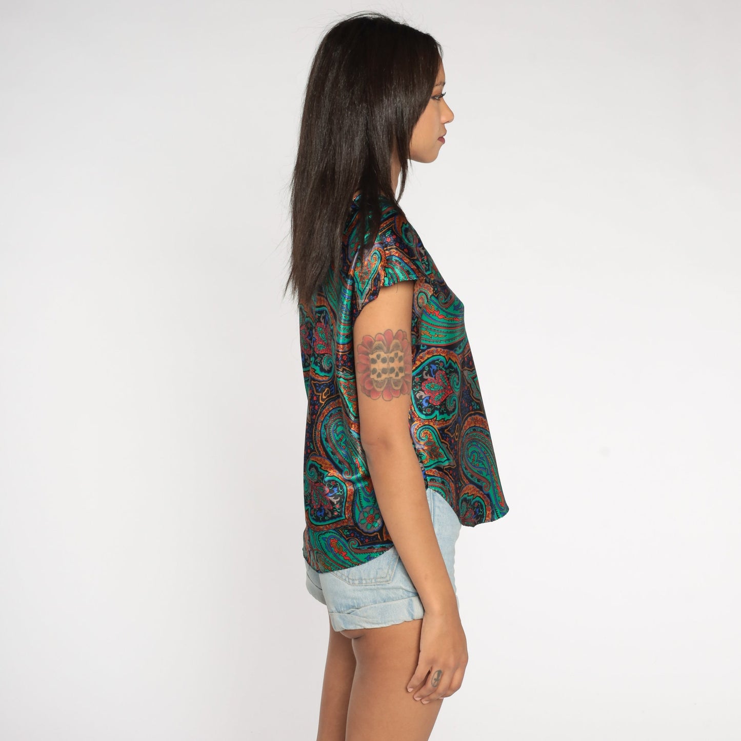 80s Paisley Pajama Top Green Cap Sleeve Sleep Shirt Large L