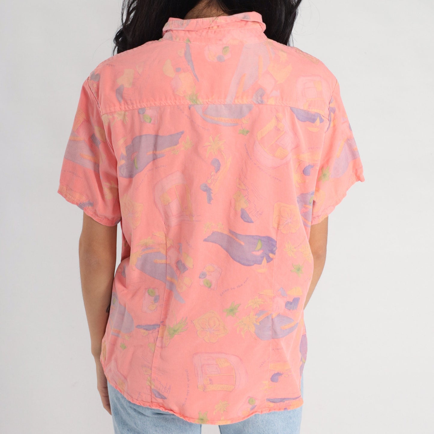 Y2K Fresh Produce Tropical Floral Pink Button-Up Shirt Short Sleeve Large L