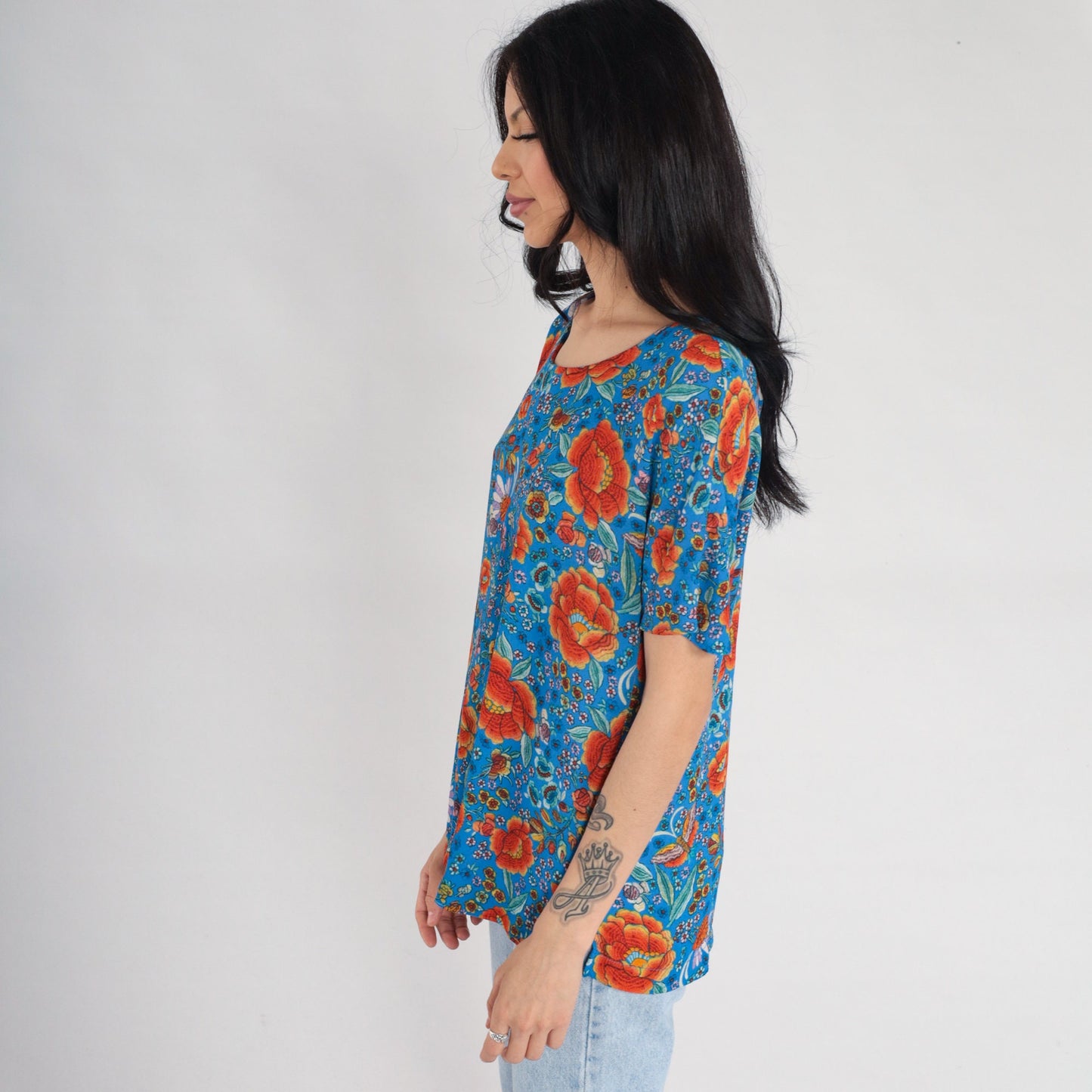 Y2K Blue Orange Floral Blouse Short Sleeve Keyhole Clasp Top Medium