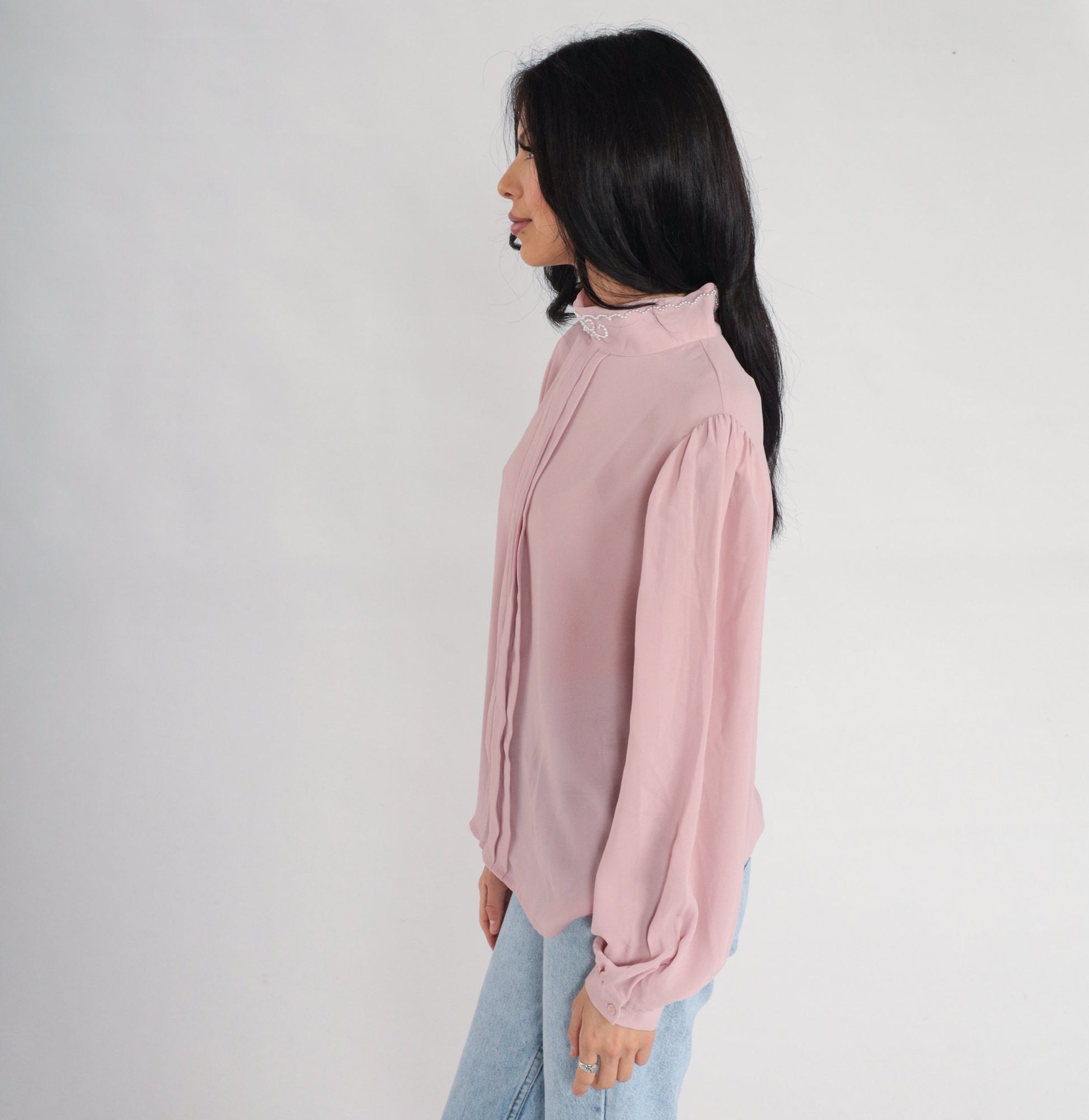 80s Pink Chiffon Blouse Puff Sleeve Beaded Pleated Mock Neck Large L