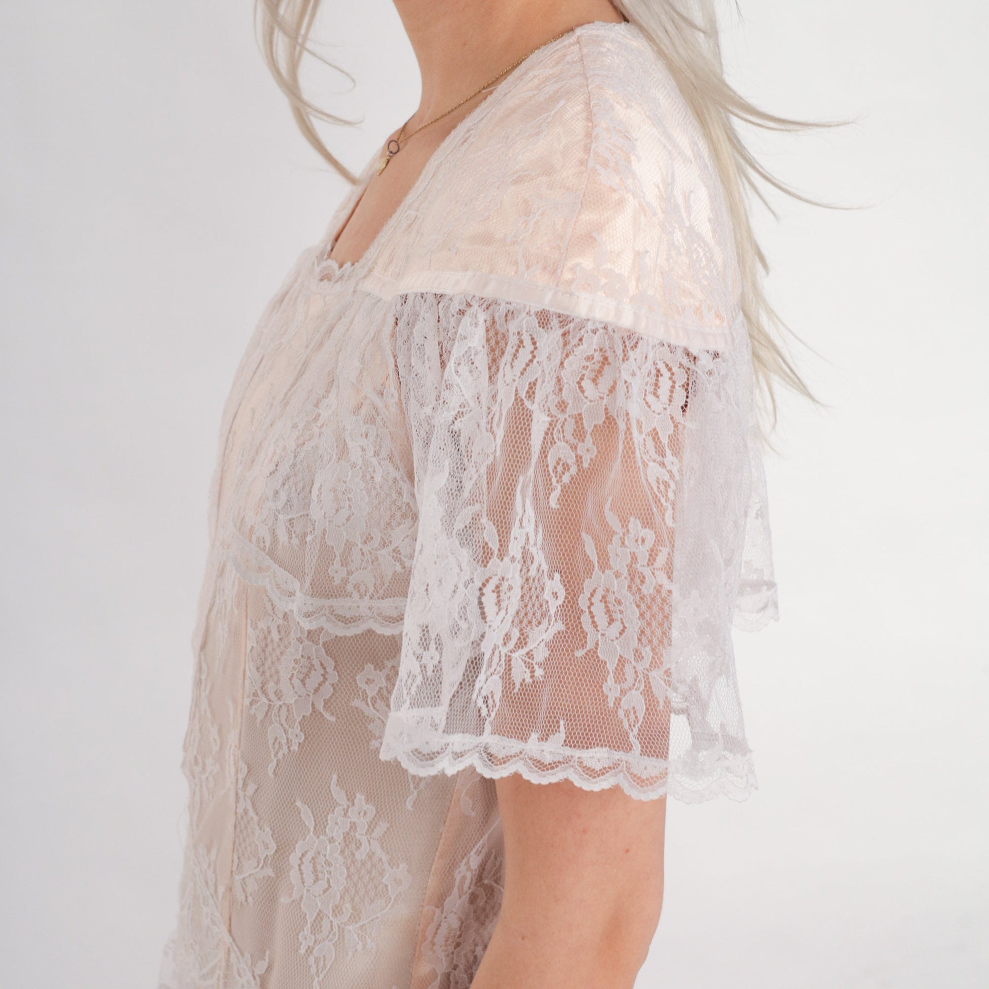 80s Gunne Sax Jessica McClintock Lace Midi Dress Blush Handkerchief Hem XS