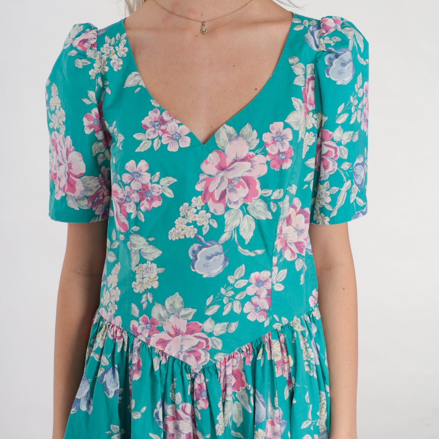 80s Laura Ashley Turquoise Floral Midi Dress Puff Sleeve Basque Waist Medium