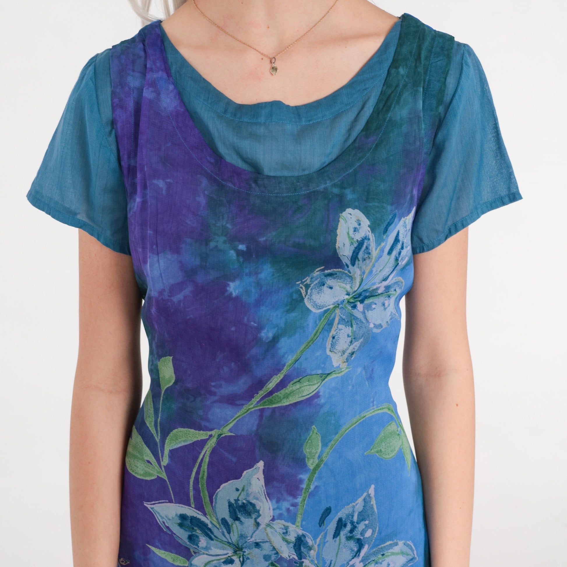 00s Tie Dye Floral Midi Dress Purple Blue Green Layered Short Sleeve Small