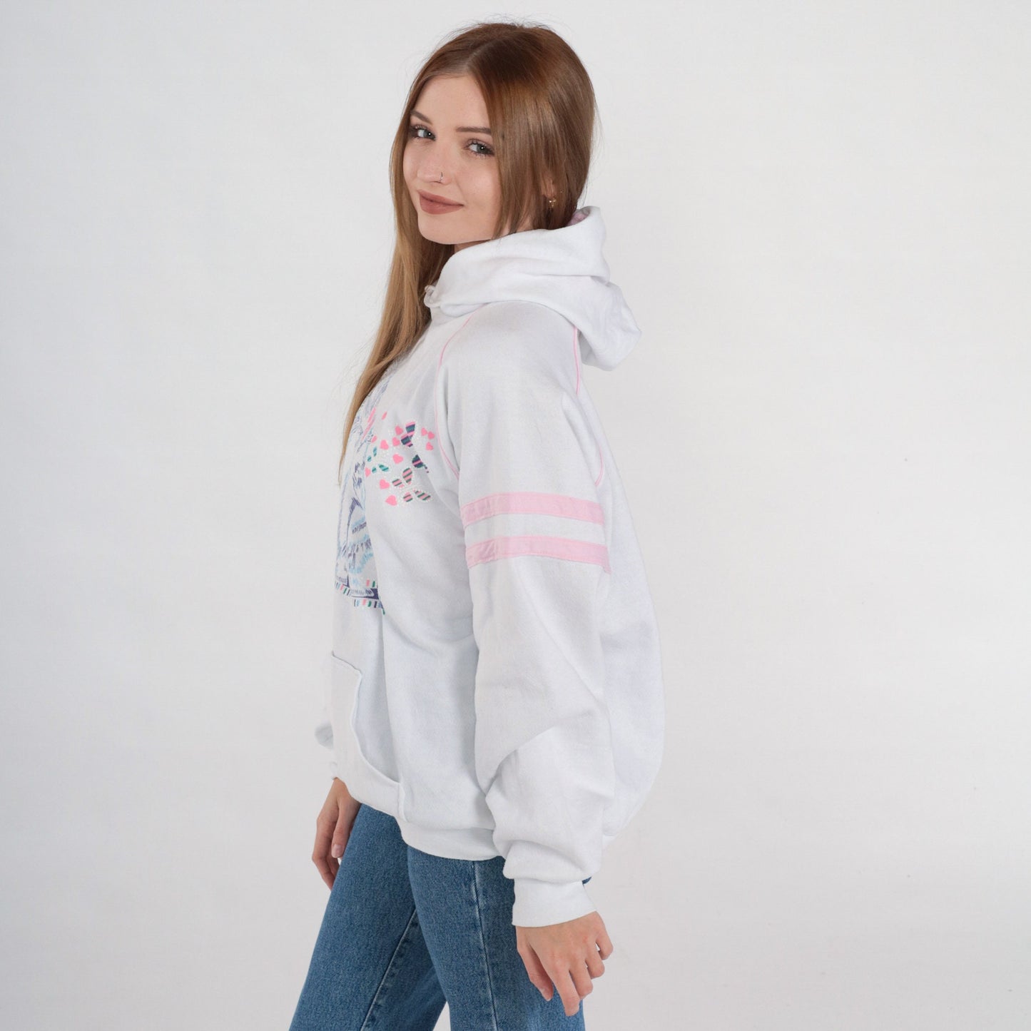 90s Kitten Graphic Hooded Sweatshirt White Pink Stripe Raglan Large L