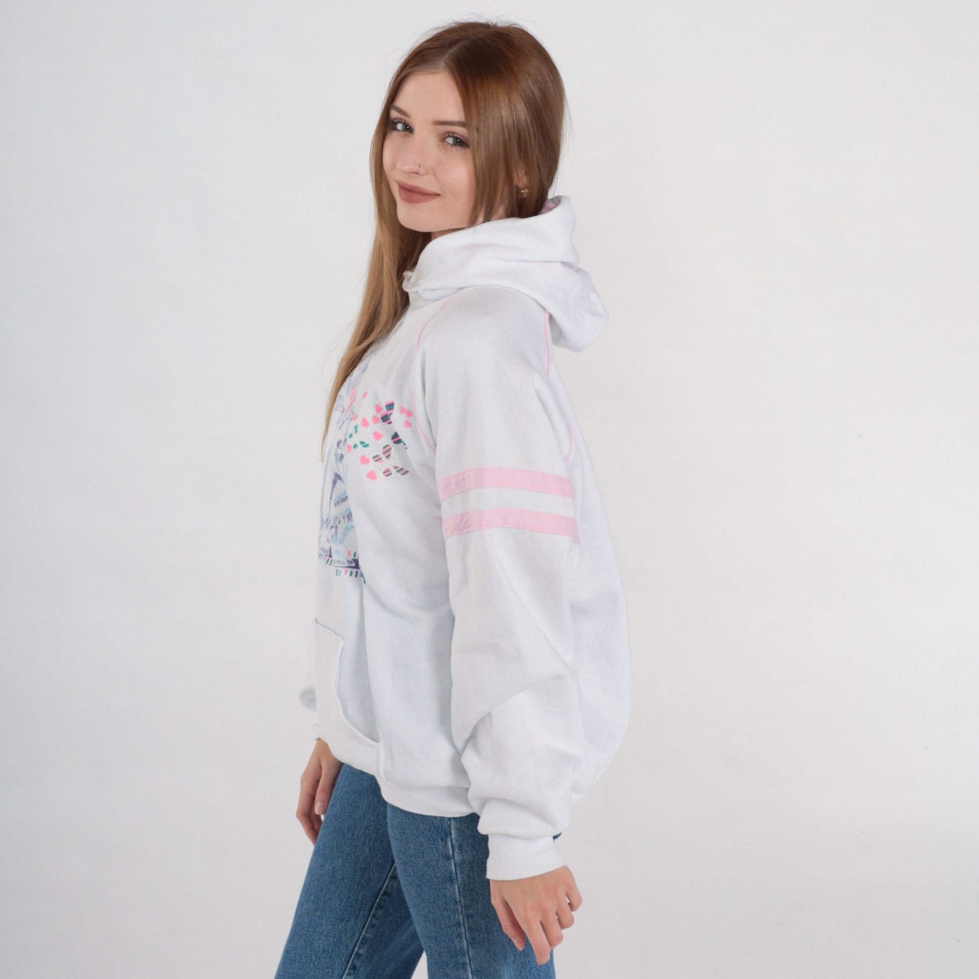 90s Kitten Graphic Hooded Sweatshirt White Pink Stripe Raglan Large L