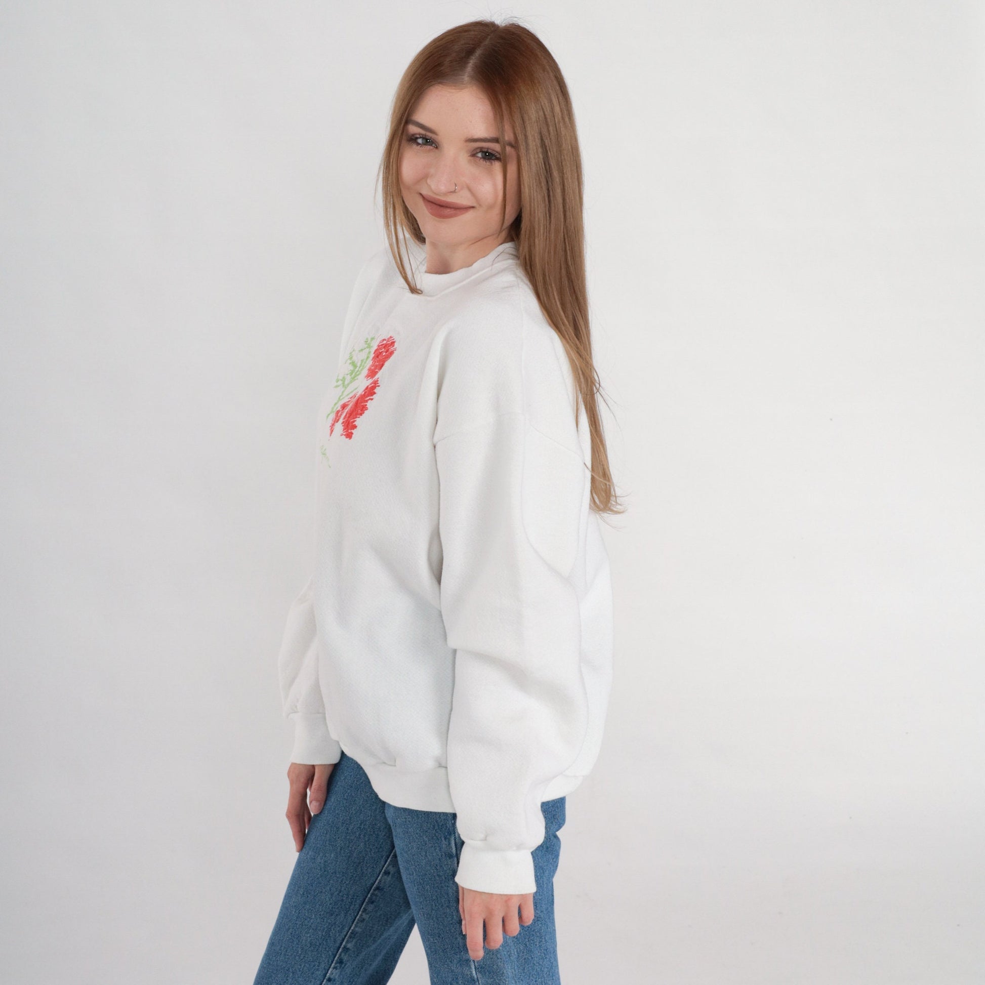 90s California Poppy Graphic Sweatshirt White Crewneck Pullover Large