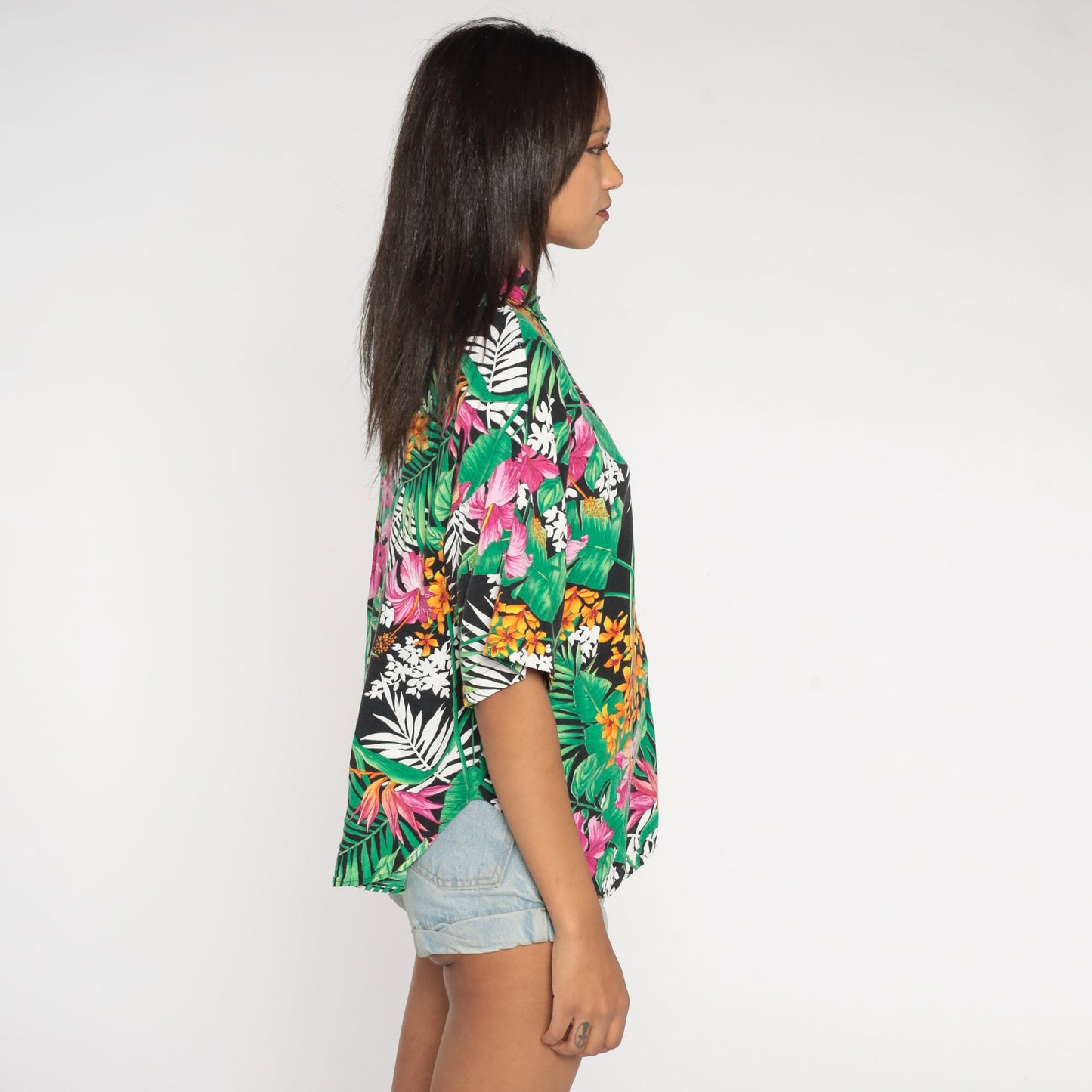 90s Tropical Floral Rayon Button-Up Shirt Green Botanical Short Sleeve Large L