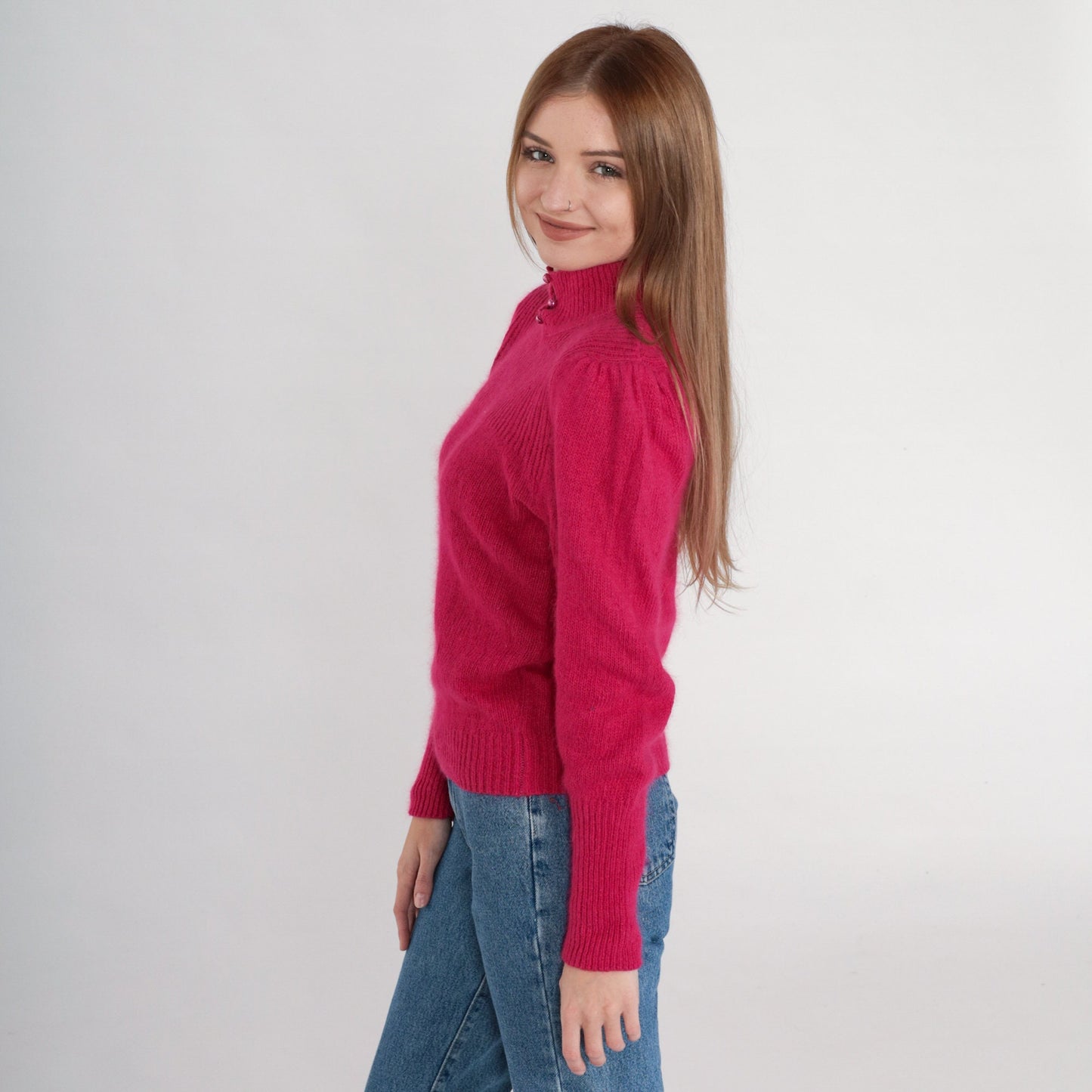 80s Deep Pink Mock Neck Puff Sleeve Knit Sweater Button Detail Medium M
