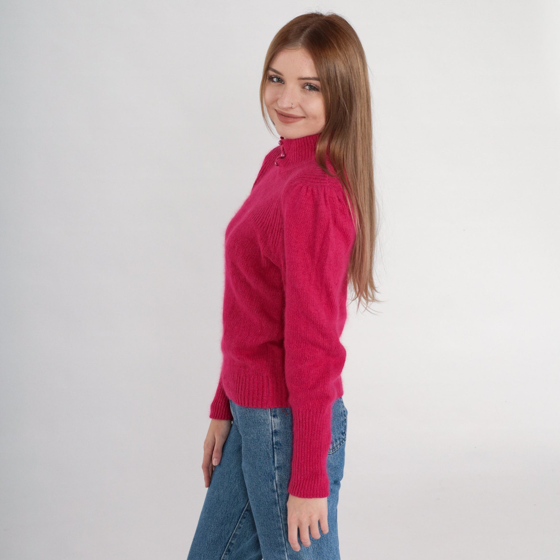 80s Deep Pink Mock Neck Puff Sleeve Knit Sweater Button Detail Medium M