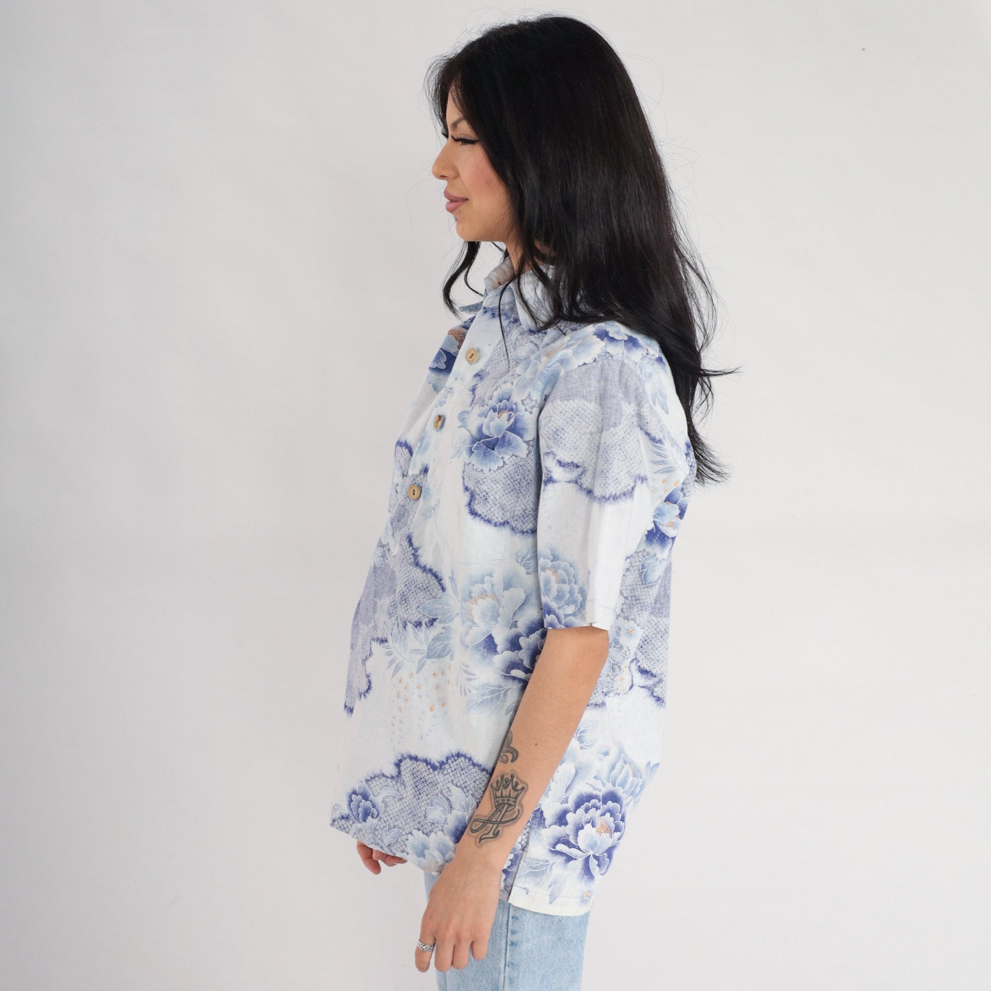 70s Surfline Hawaii Floral Shirt Men's Blue Lotus Print Polo Medium