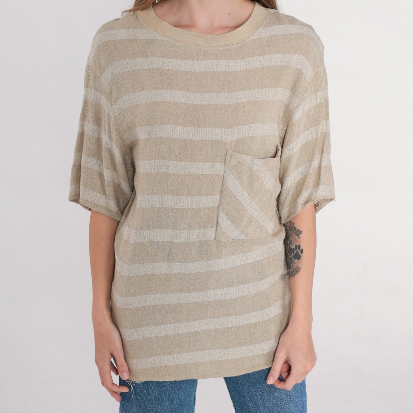 90s Tan Striped Pocket T-Shirt Rayon Crewneck Small