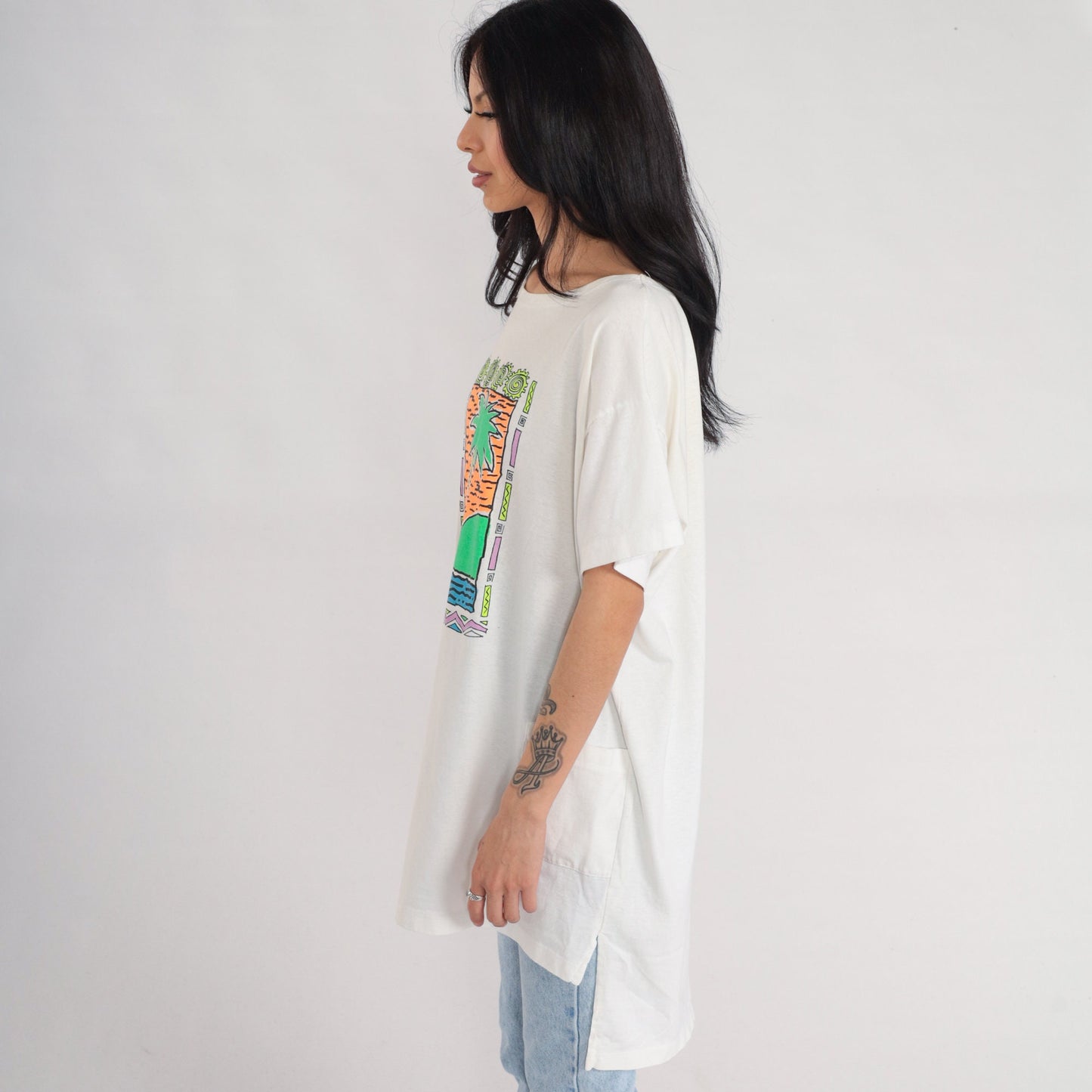 90s Hawaii Palm Tree Graphic T-Shirt Dress White Tropical Print Medium Large