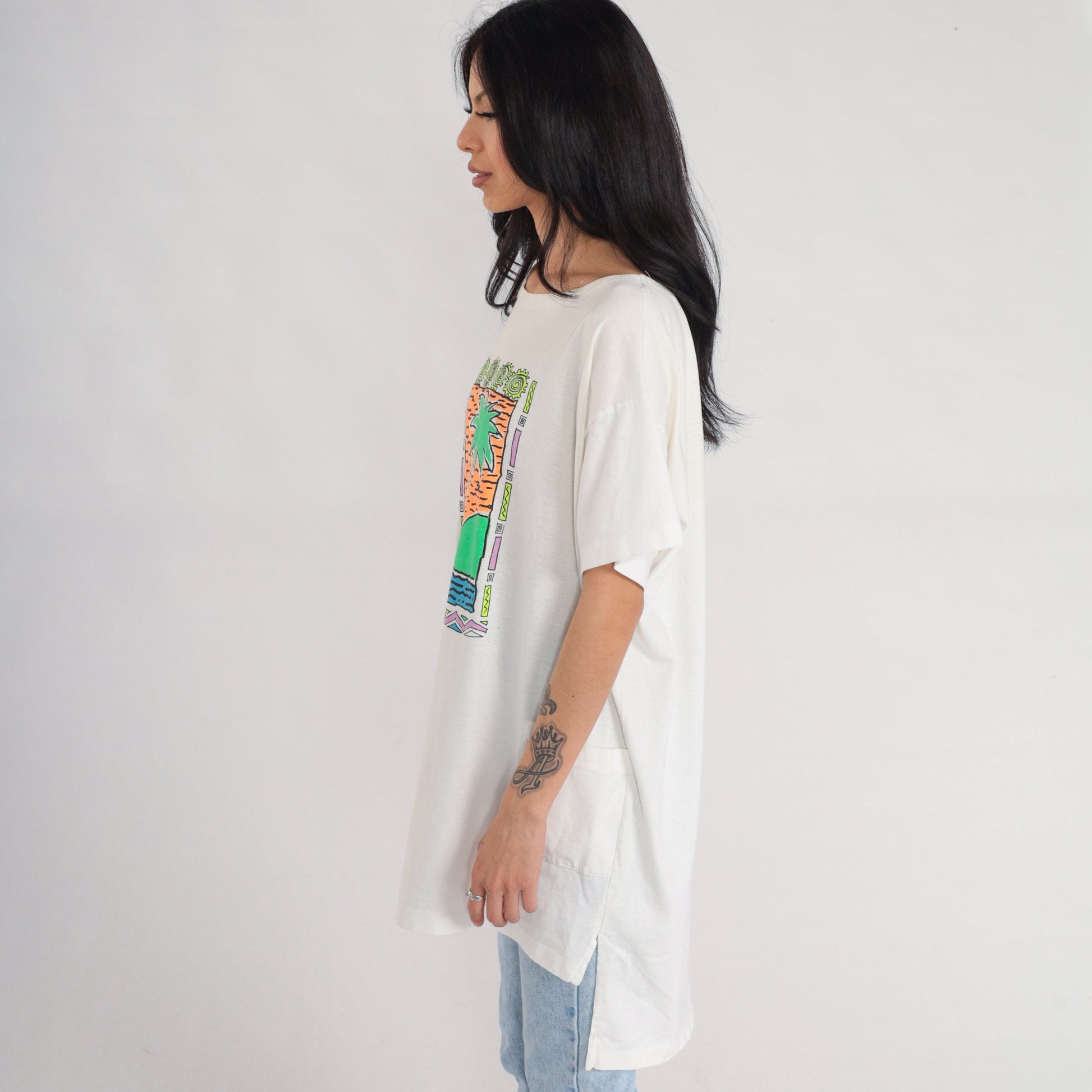 90s Hawaii Palm Tree Graphic T-Shirt Dress White Tropical Print Medium Large