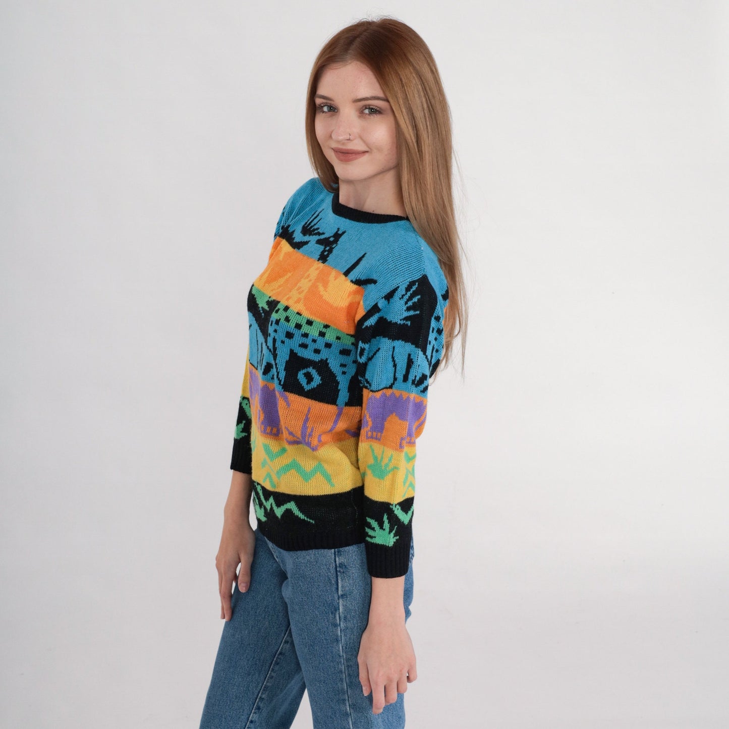 90s Safari Animal Striped Knit Sweater Elephant Giraffe Snake Multicolor XS