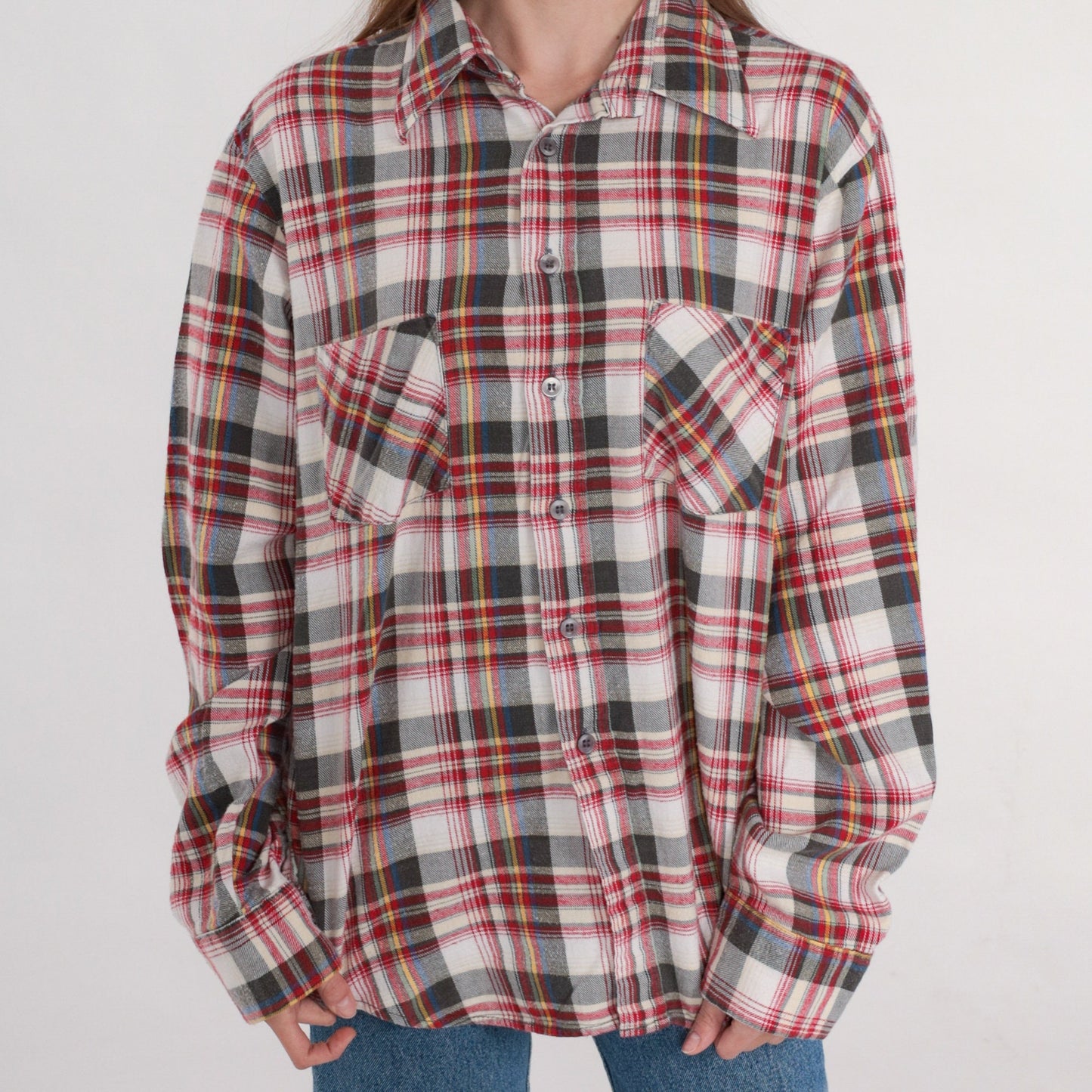 80s Sears Plaid Button-Up Shirt Long Sleeve Cotton Flannel Men's Large